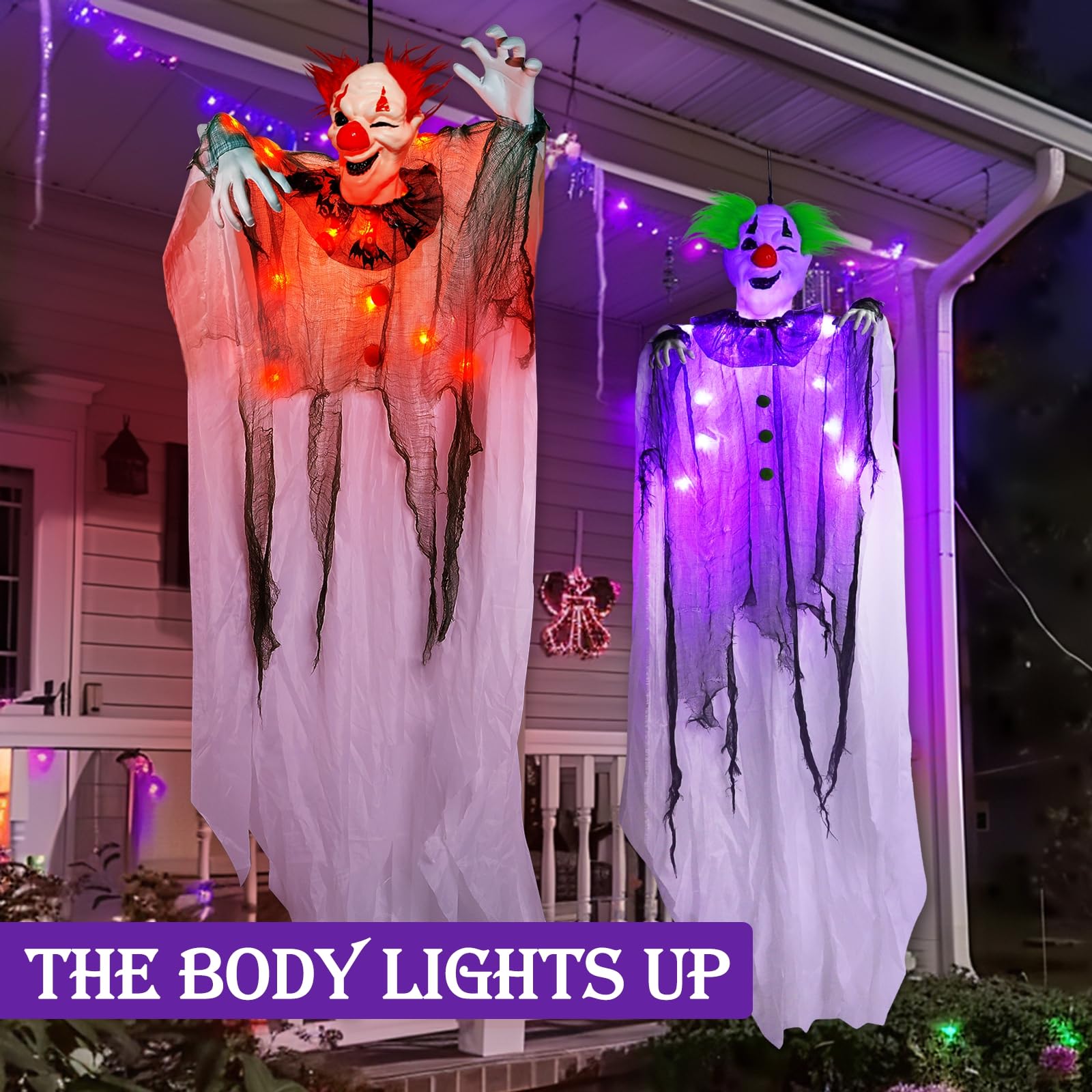 [ Glowing Body ] 2 Pack 5 Ft Light Up Halloween Hanging Clown Decorations with Purple & Red LED Lights, Scary Props Decor for Ya