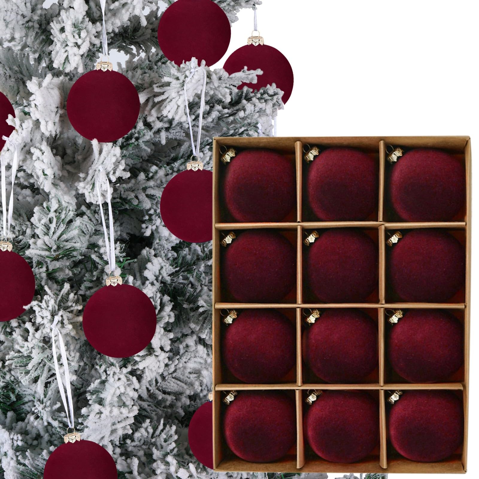 12pcs Christmas Tree Hanging Ball Decoration 2.4Inch Velvet Christmas Ornaments Balls Flocked Shatterproof Plastic Xmas Tree Bal