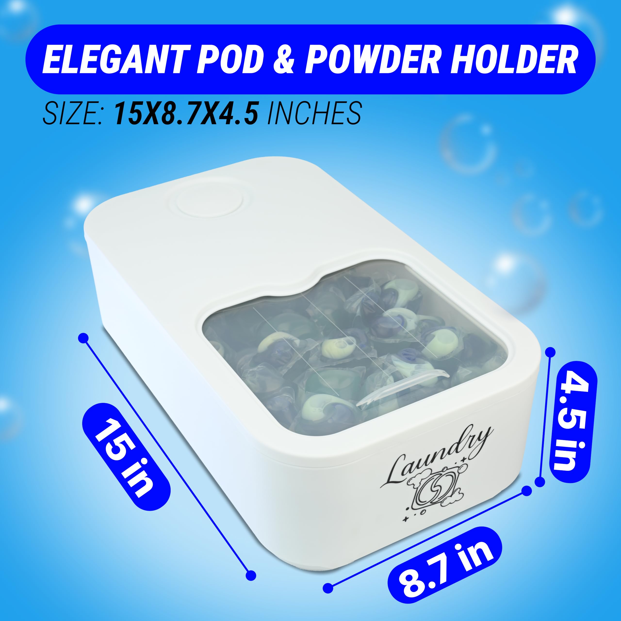 Skywin Laundry Pod Container With Slide Lid (White With Print) -15   X8.7   X4.5   - Holds 11 Pounds, Fits 2 Bottles Of Laundry