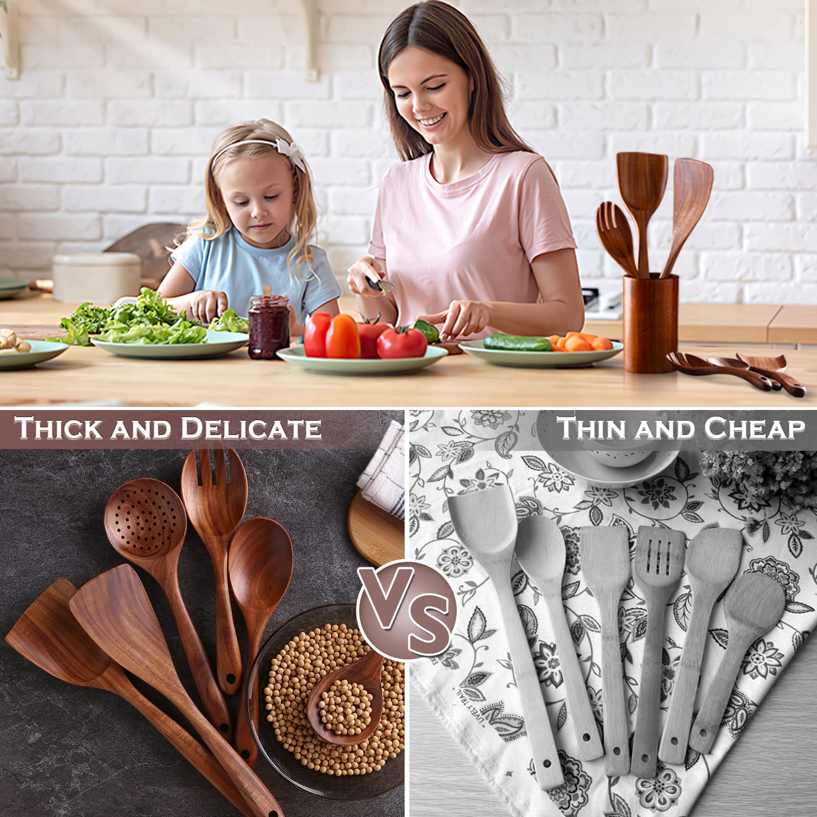Nayahose Wooden Spoons For Cooking, 6 Pcs Wooden Utensils For Cooking, Natural Teak Wood Non-Stick Cooking Spoons, Wood Utensils