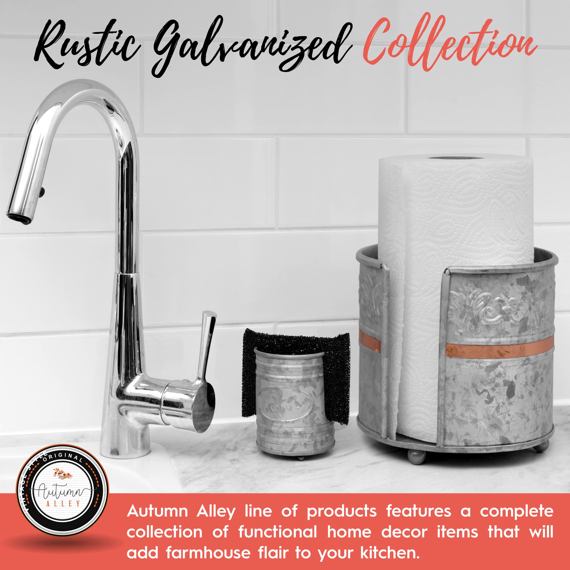 Autumn Alley Farmhouse Galvanized Kitchen Paper Towel Holder - Vintage Style Weighted Countertop Design - Rustic Warm Copper Acc