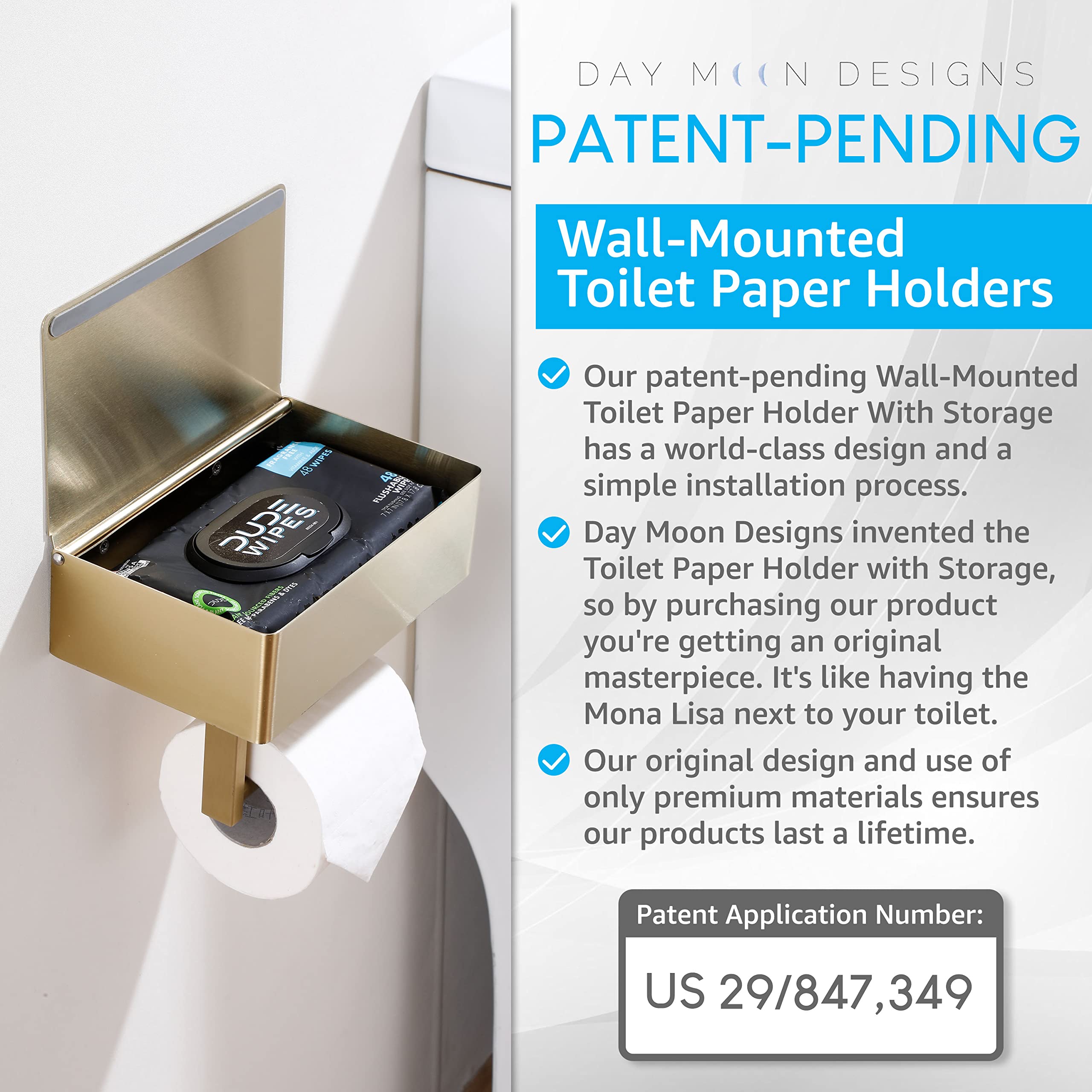 Day Moon Designs Brushed Gold Toilet Paper Holder with Shelf - Wipe Holder for Bathroom  Flushable Wipes Dispenser - Toilet Paper and Wipes Holder - Toilet Paper Holder with Storage  Tampon Holder