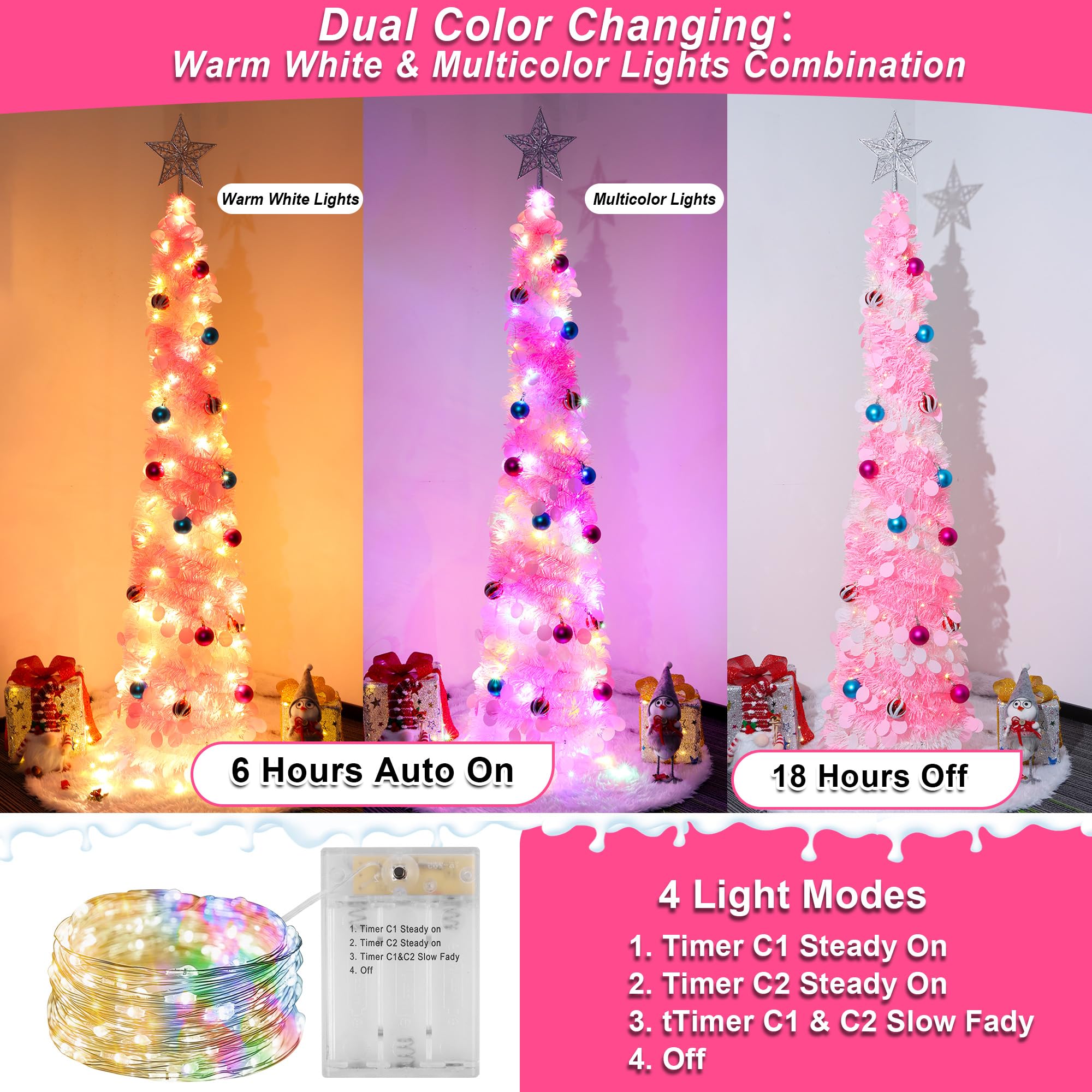 5FT Pop Up Christmas Tree with Timer 60 Warm White & Multi Color Fairy Light 3D Star 15 Ball Ornament, Pink White Tinsel Christm