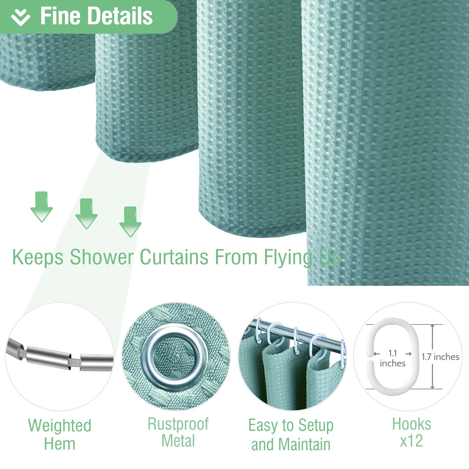 Dynamene Teal Fabric Shower Curtain For Bathroom - Waffle Weave Heavy Duty Cloth , 256Gsm Hotel Luxury Weighted Polyester Bath C