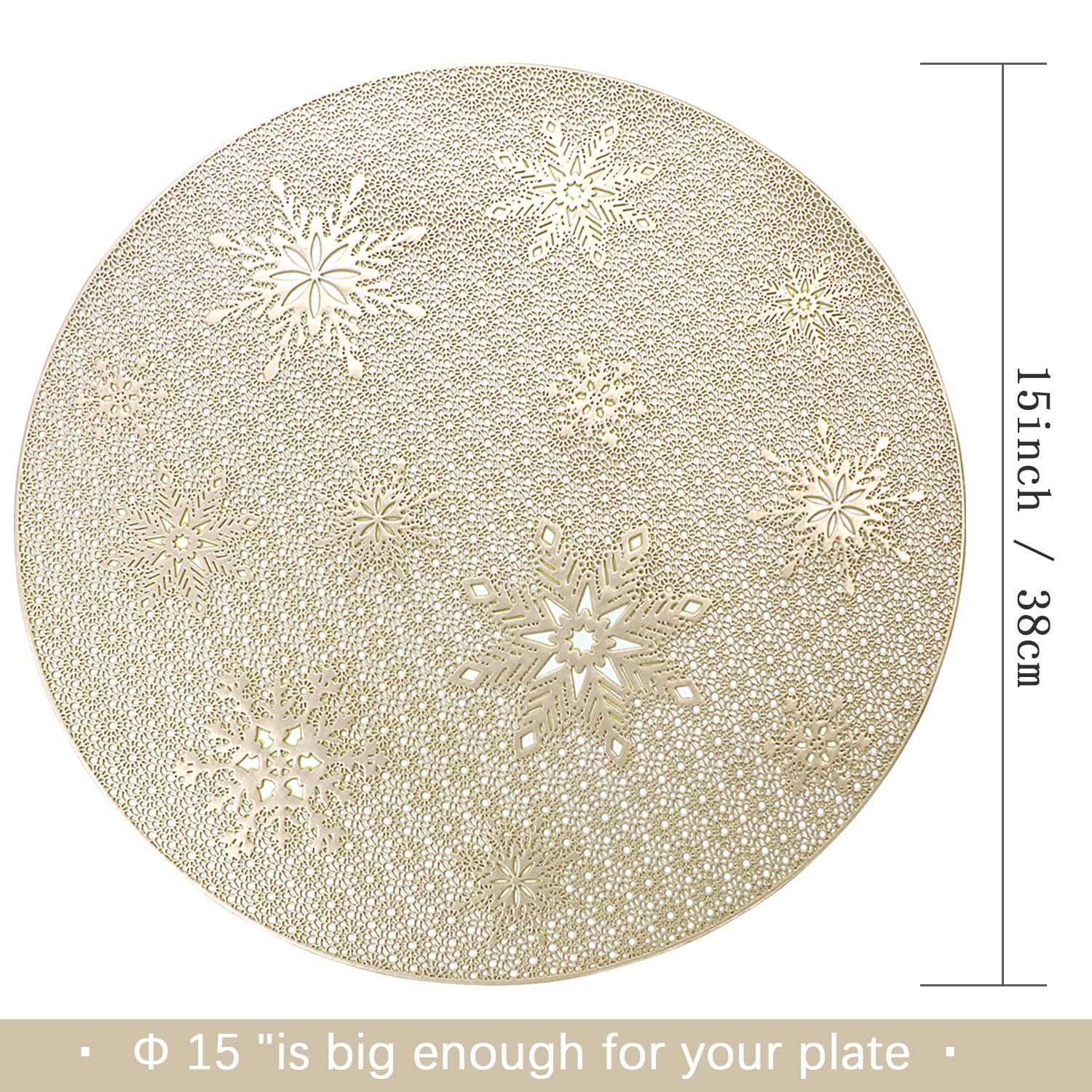 Femge Christmas Round Gold Placemats Of 6 For Dining Table Mats Set Wipeable Snowflake Placemats For Kitchen Table Plastic Soft