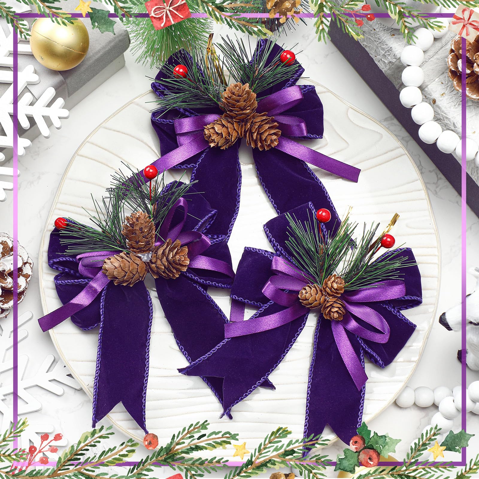 Syhood 6 Pcs Christmas Bows with Pine Cones Pine Needles Xmas Velvet Bows Purple Velvet Ribbon Christmas Tree Wreath Decoration