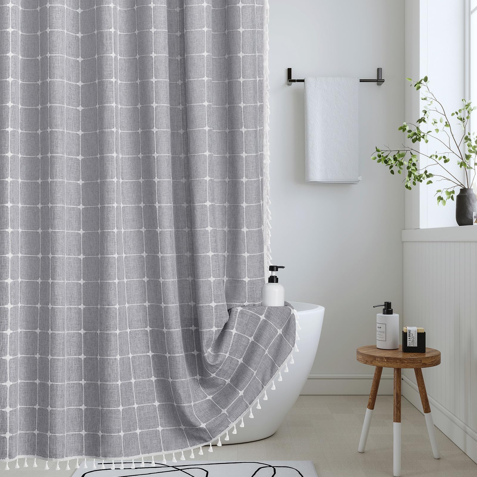 Yuanice Gray Extra Long Fabric Shower Curtain - 96 Inches Long Boho Farmhouse Linen Weighted Tassel Shower Curtain Sets, Chic Li