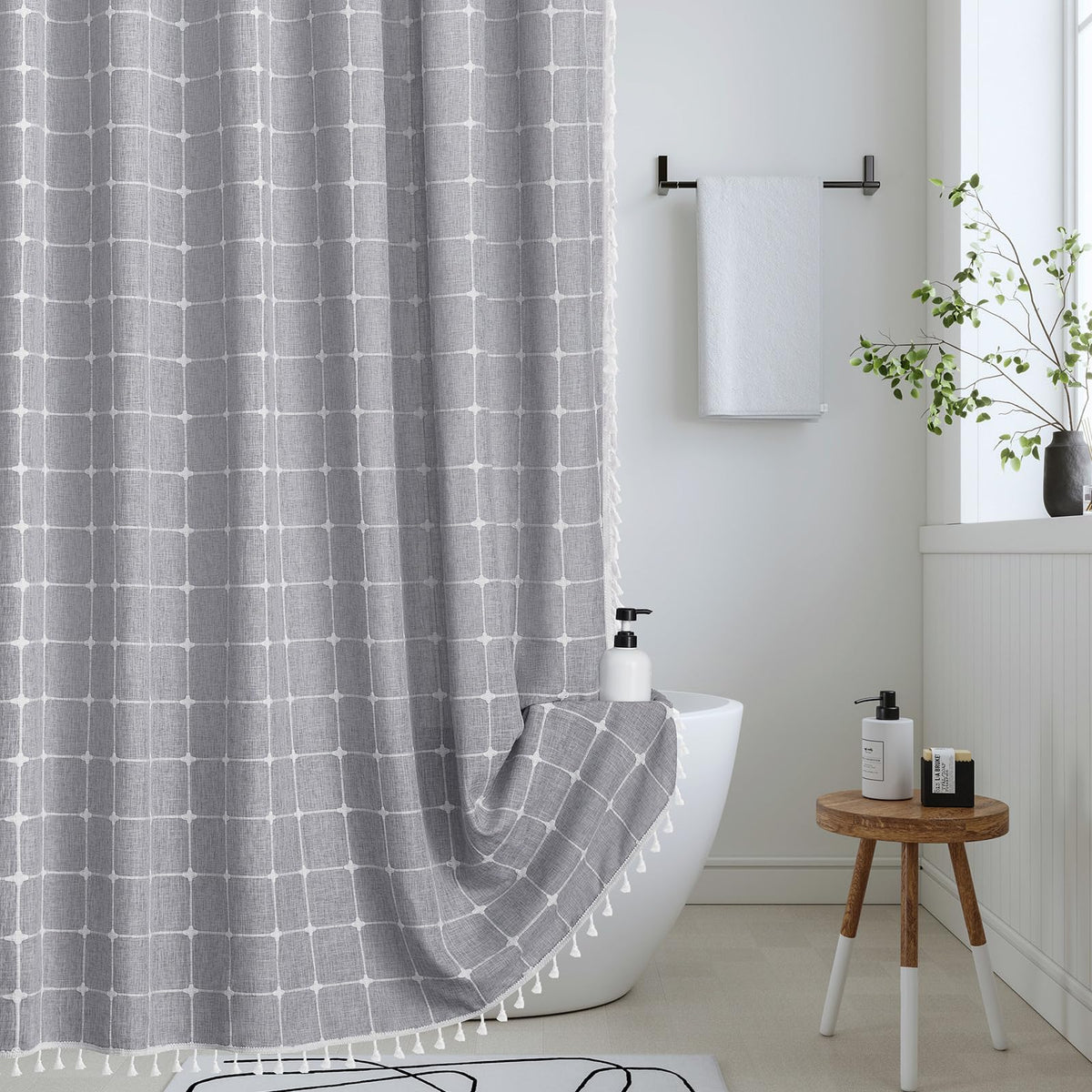 Yuanice Gray Extra Long Fabric Shower Curtain - 96 Inches Long Boho Farmhouse Linen Weighted Tassel Shower Curtain Sets, Chic Li