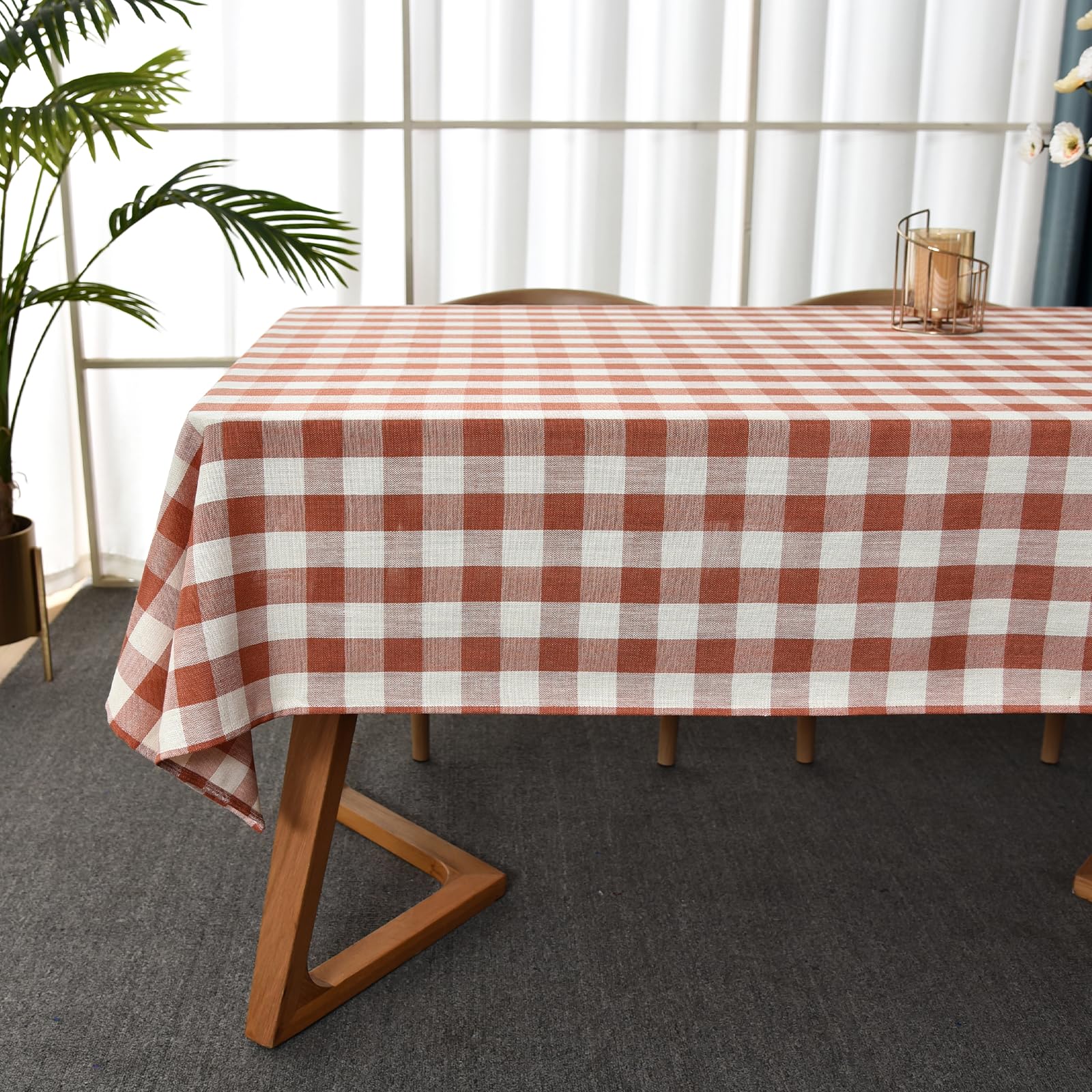 Yofori Gingham Table Cloth for Rectangle Tables Orange Checkered Plaid Tablecloth Heavy Duty Cotton Blend Washable & Wrinkle Tab