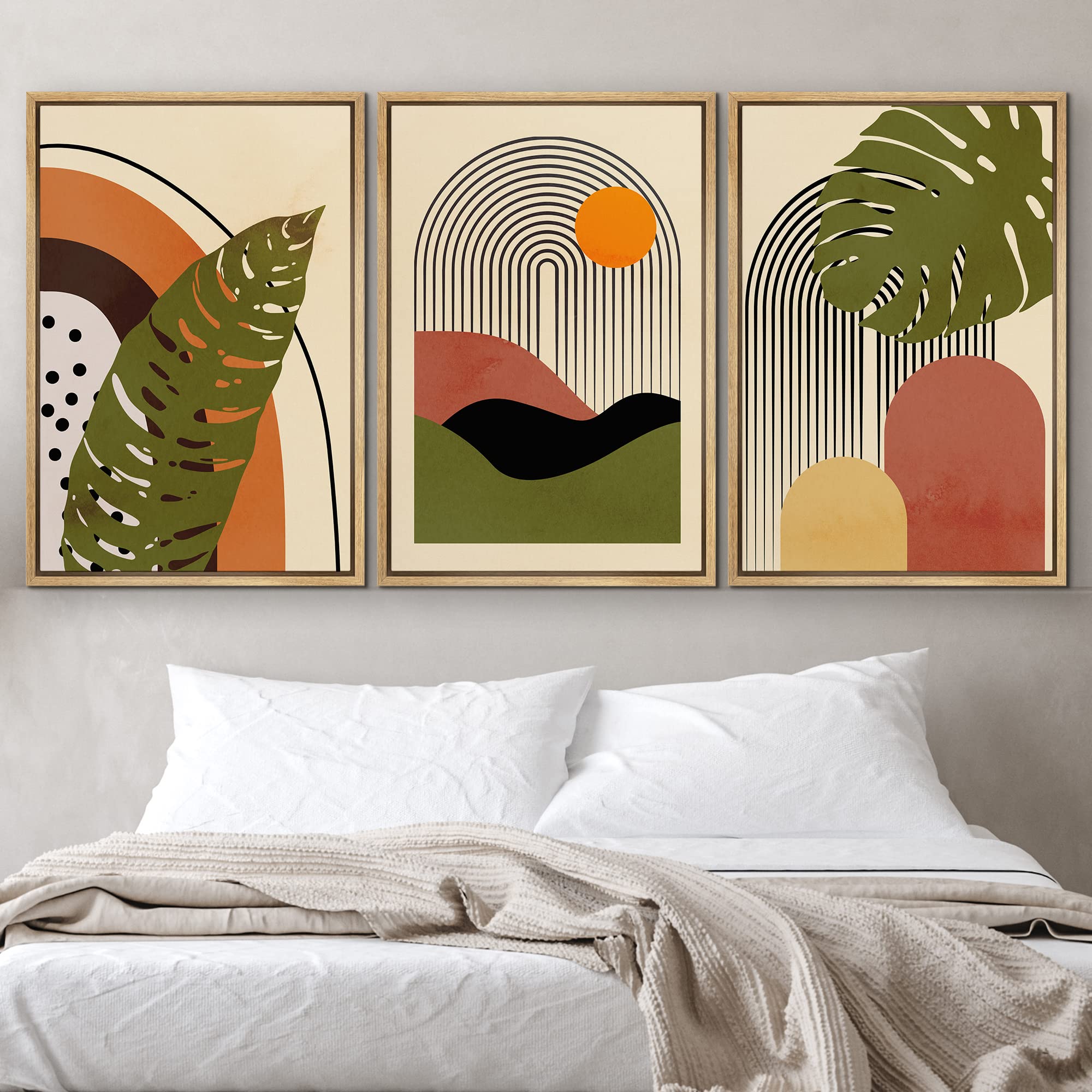 Idea4Wall Framed Canvas Print Wall Art Set Mid-Century Tropical Palm Leaf Landscape Abstract Nature Illustrations Modern Art Nor