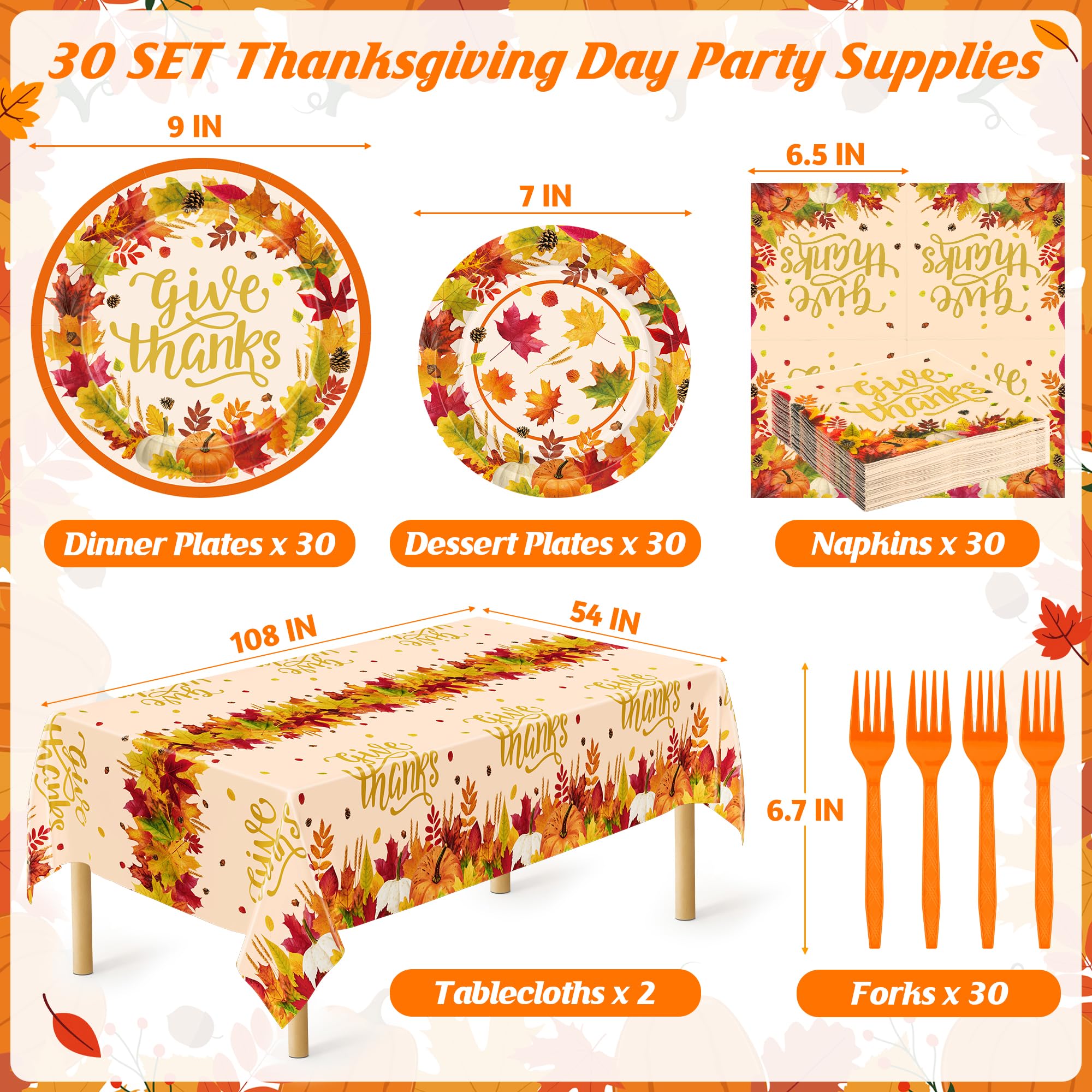 QZYL 122 PCS Thanksgiving Dinnerware Set, Disposable Paper Plates and Napkins, Maple Leaves Dinner Plates Dessert Tray Napkins F