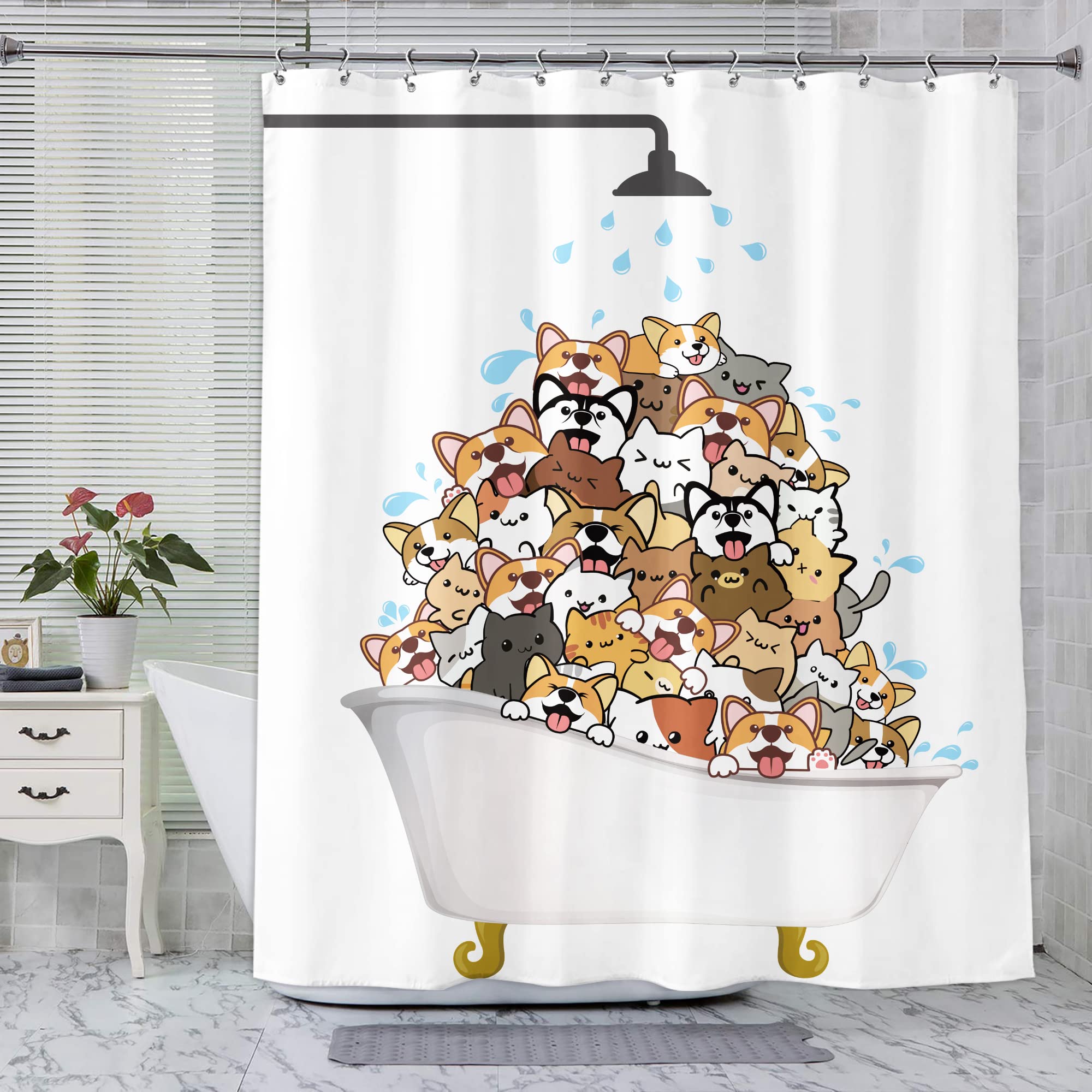 SVBright Cats Shower Curtain, Waterproof Polyester, 60"x72", Corgi Dog Design, Funny Kawaii, Includes 12 Hooks, Model SVB-SJ15-NNugf