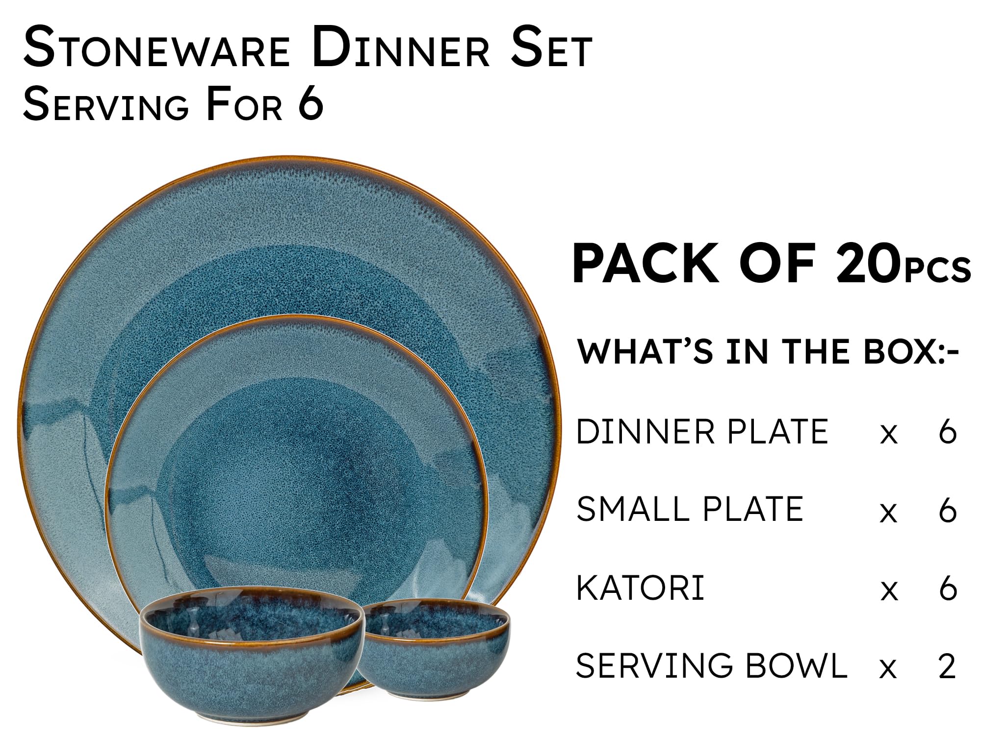 Bodhi House Handcrafted Stoneware Reactive Glaze Ceramic Dinner Set, 20 Pieces Serving For 6, Microwave And Dishwasher Safe, Bon