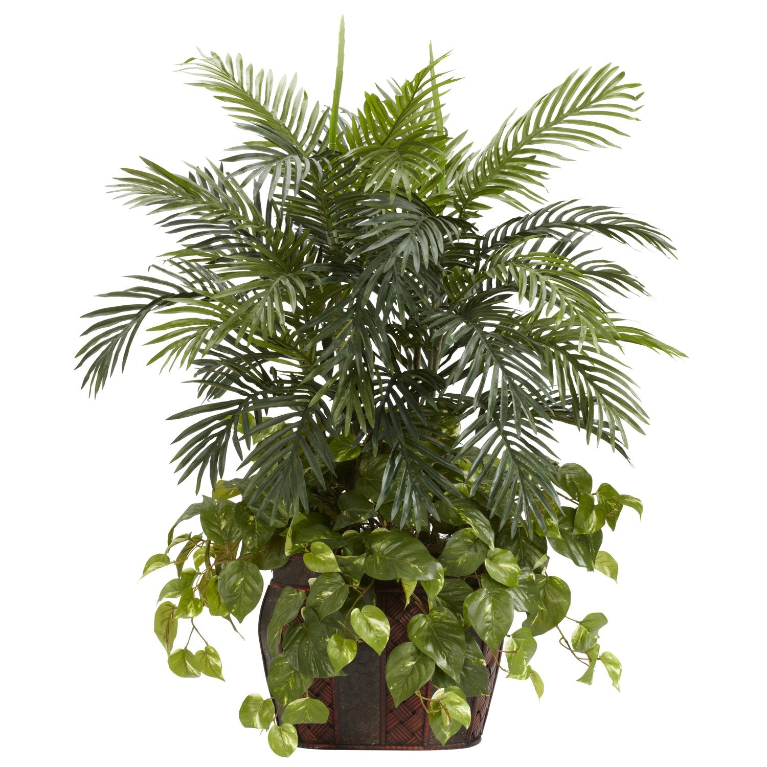 Nearly Natural 6633 Double Areca with Vase and Pothos Decorative Silk Plant, 3.5-Feet, Green