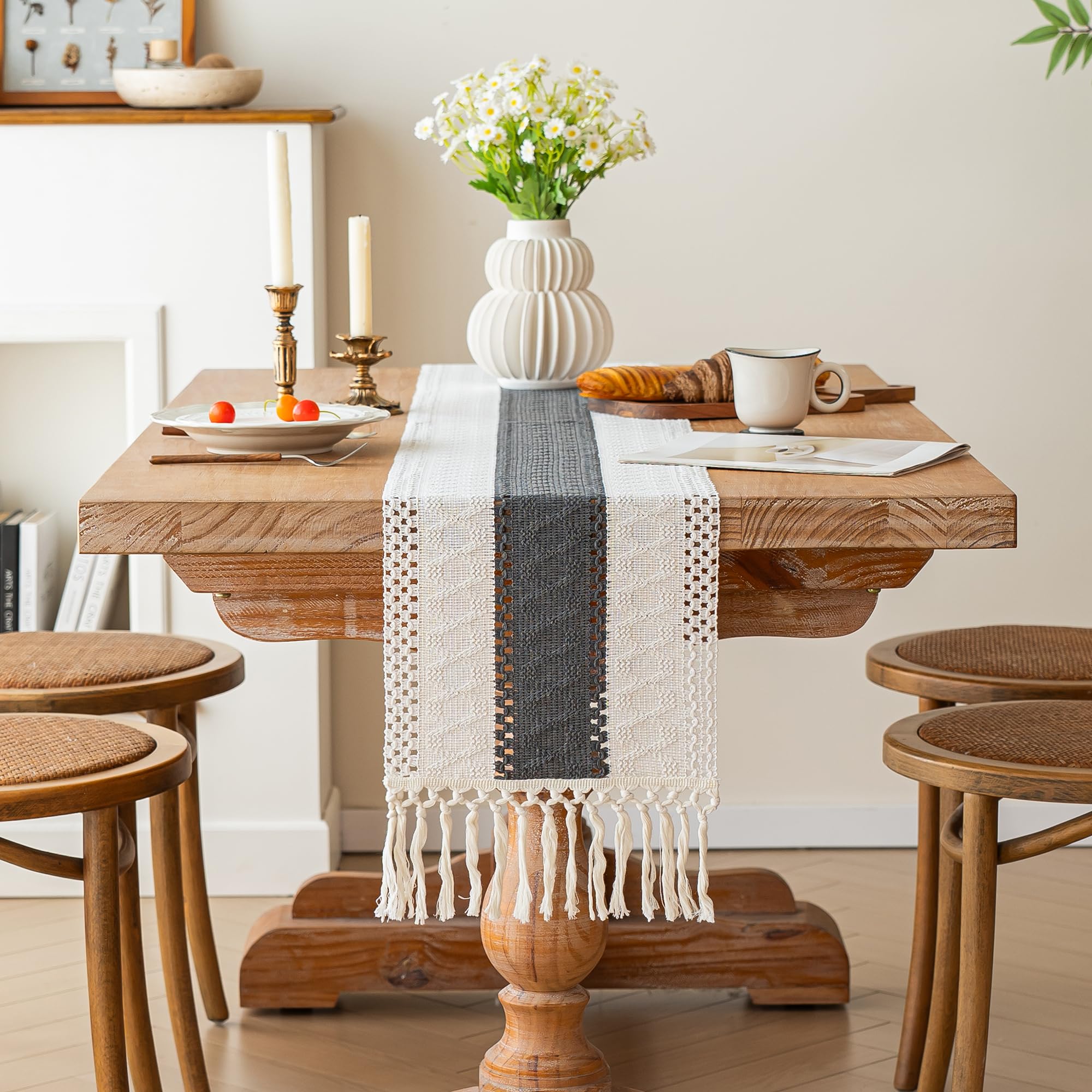 FEXIA Boho Table Runner for Home Decor with Tassels 60 Inches Long,Grey Farmhouse Rustic Table Runner Macrame Burlap Table Decor