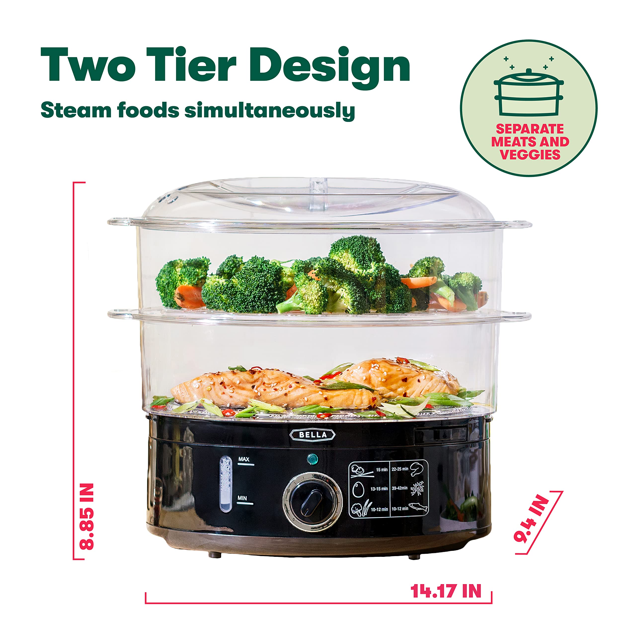 Bella Two Tier Food Steamer With Dishwasher Safe Lids And Stackable Baskets & Removable Base For Fast Simultaneous Cooking - Aut
