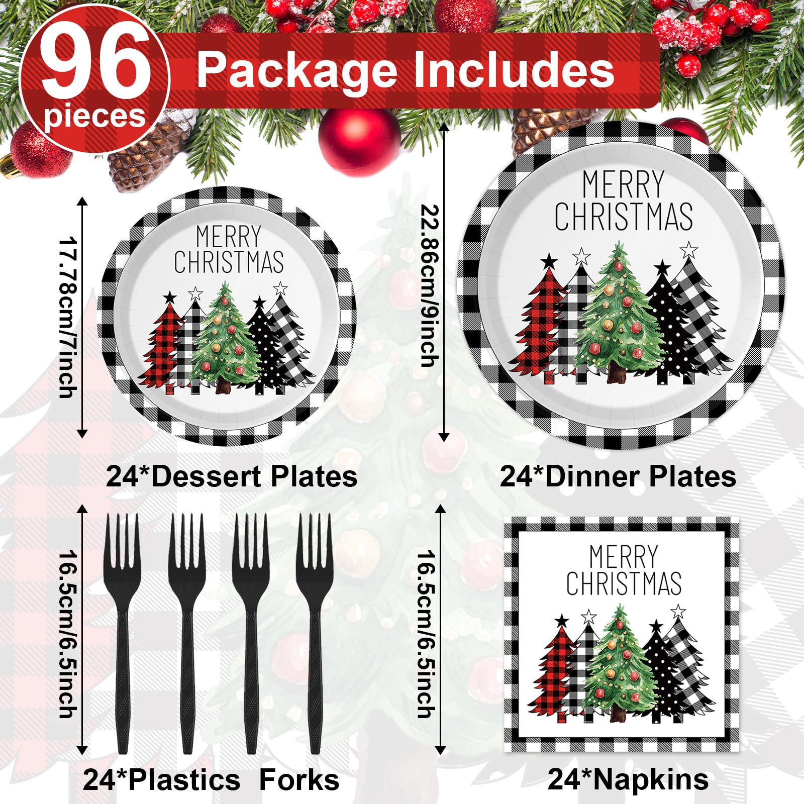96 Pieces Buffalo Plaid Christmas Tree Tableware Set for Christmas Party Black and White Gingham Buffalo Plaid Decorations Dispo