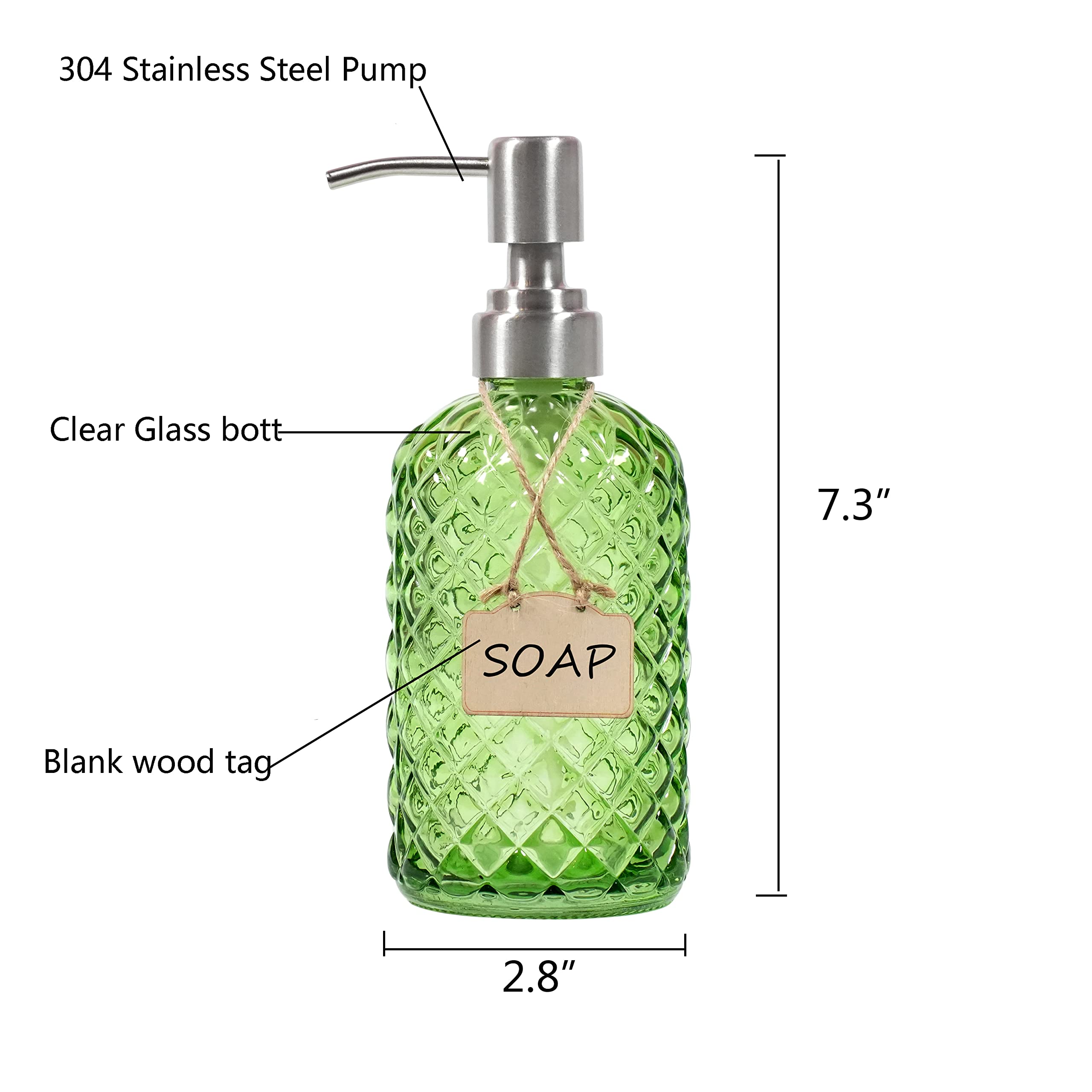 Bathroom & Kitchen Glass Hand And Dish Soap Dispenser With 304 Rustproof Stainless Steel Pump (Green-2Pack)