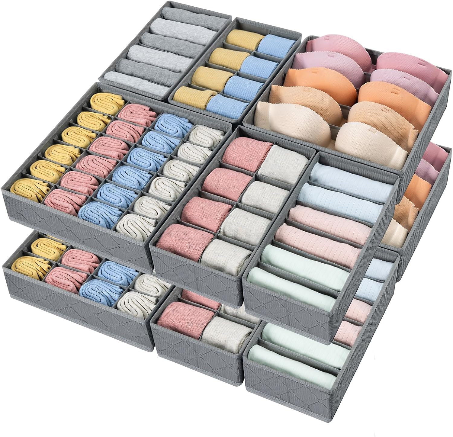 DIMJ 12 Pack Drawer Organizer for Clothes - Sock Bra Underwear Drawer Organizer, Foldable Fabric Drawer Organizer Bins, 114 Cell