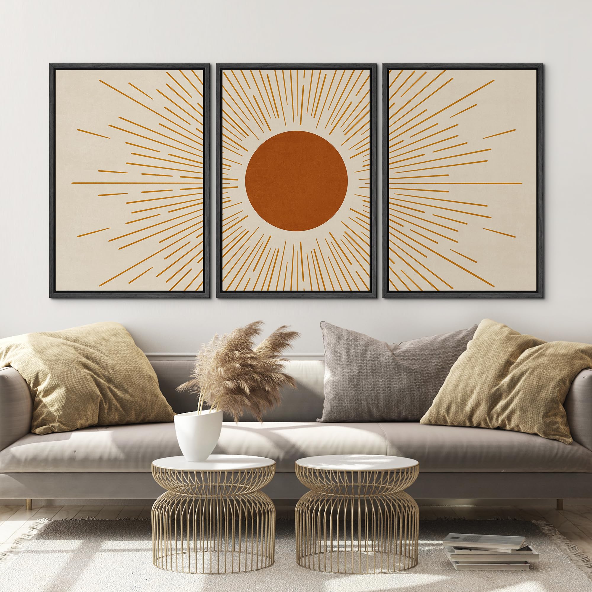 Idea4Wall Framed Wall Art Print Set Geometric Line Art Burnt Orange Shining Sun Astronomy & Space Sky Illustrations Modern Art M