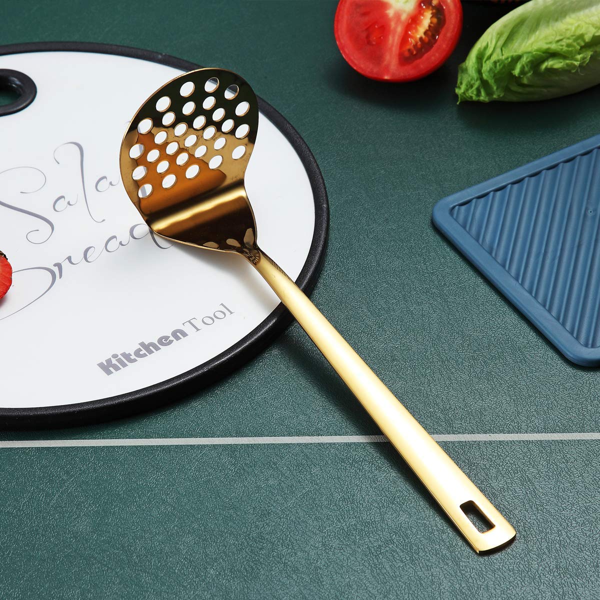 Gold Potato Masher, Berglander Heavy Duty Metal Potato Ricer Stainless Steel With Titanium Gold Plating, Food Masher Utensil Han