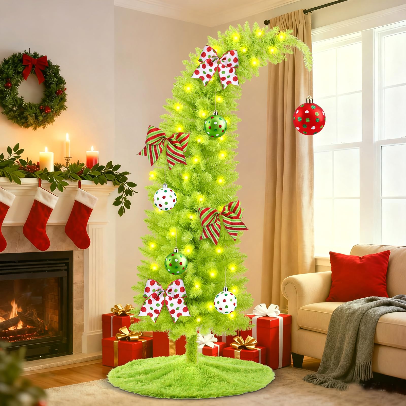 YUJUN 5.25ft Christmas Whimsical Bendable Artificial Tree, 150 LED Lights Christmas Green Tree Skirt with Timer 8 Lighting Modes