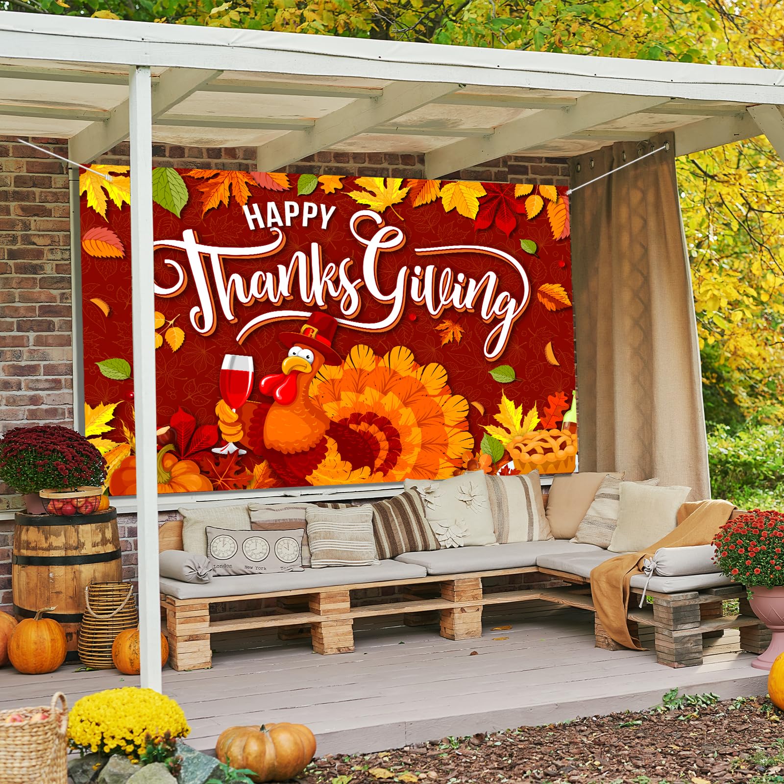 Thanksgiving Party Decorations - Turkey Happy Thanksgiving Banner with Maple, Pumpkin Design for Give Thanks Celebrations
