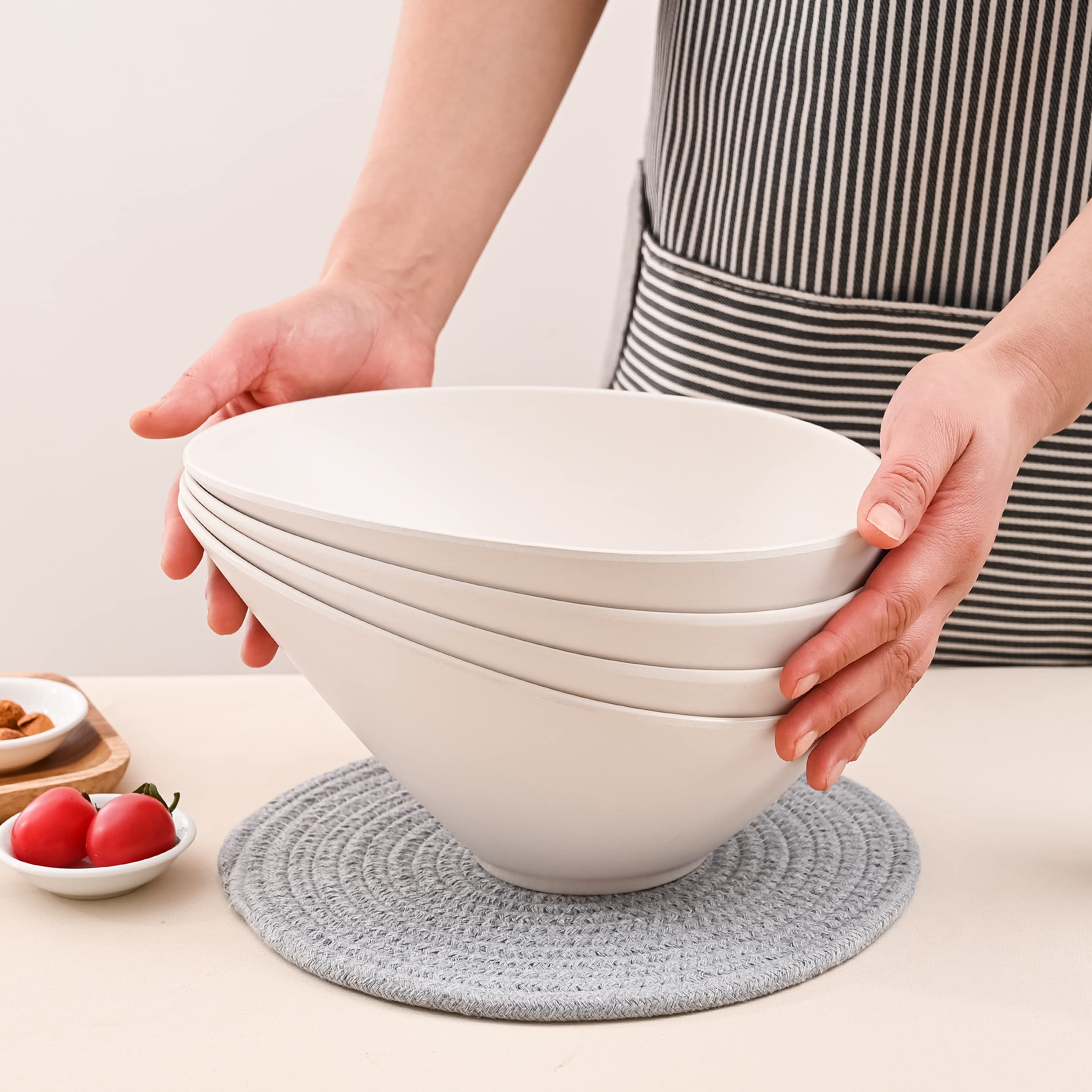 Lovyanxue Bamboo Fiber Salad Bowls, 4 Packs Serving Bowls Porcelain,Compostable 33 Ounce Elegant White Angled Bowls For Salad, P