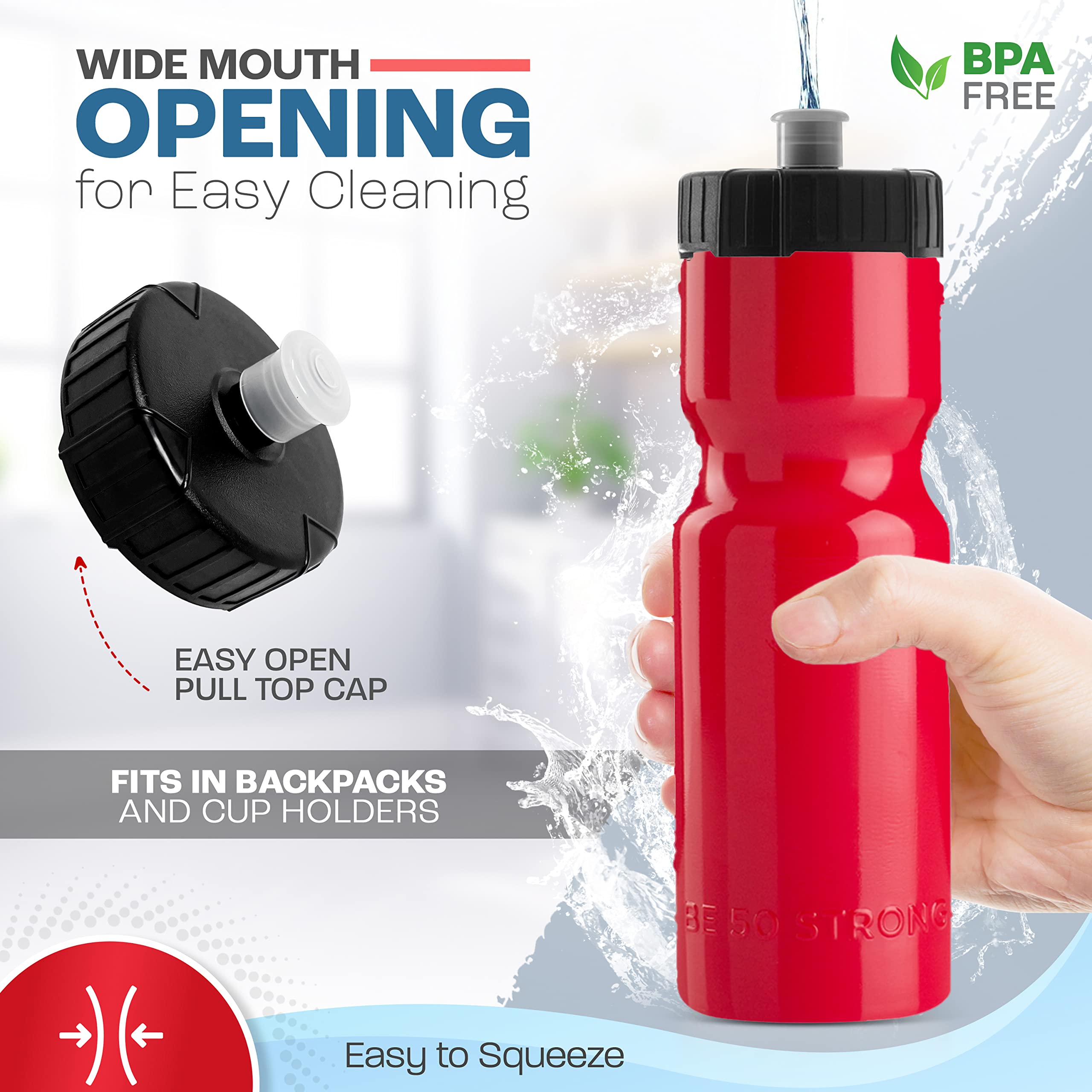 50 Strong Sports Squeeze Water Bottle 2 Pack - 22 Oz. Bpa Free Easy Open Push/Pull Cap - Usa Made (Red)