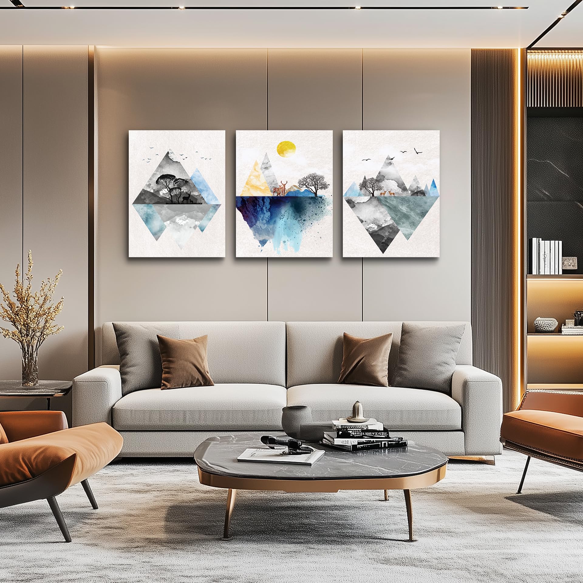Wall Art for living room Canvas Prints Artwork bathroom Wall Decor Abstract Mountain geometric Picture Watercolor painting 3 Pieces Framed bedroom wall decorations Fashion Office Home decoration