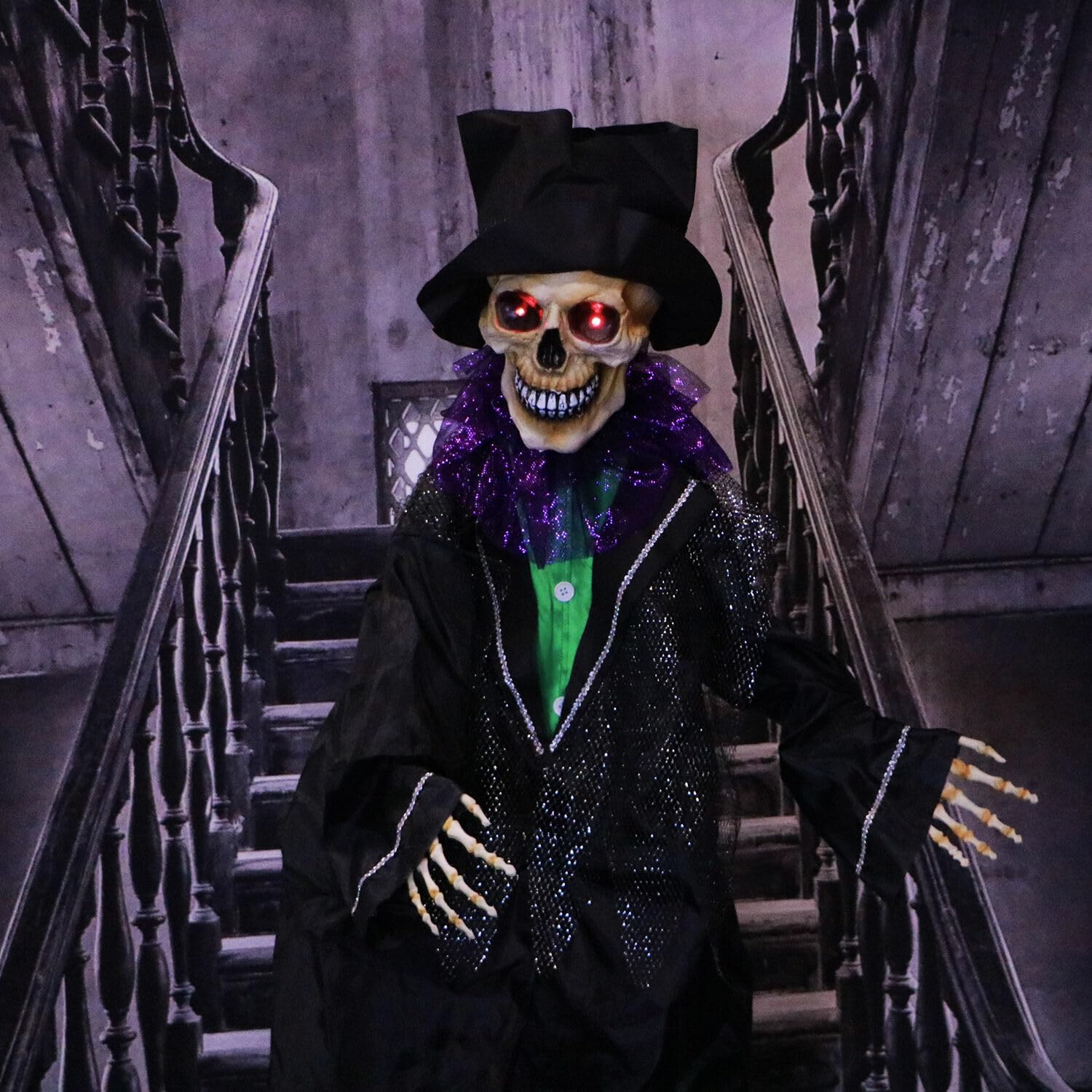 Haunted Hill Farm 5-Ft. Marty Voodoo Skeleton Groom, Animatronic With Red LED Eyes, Touch-Activated Talking Prop, Battery Operat