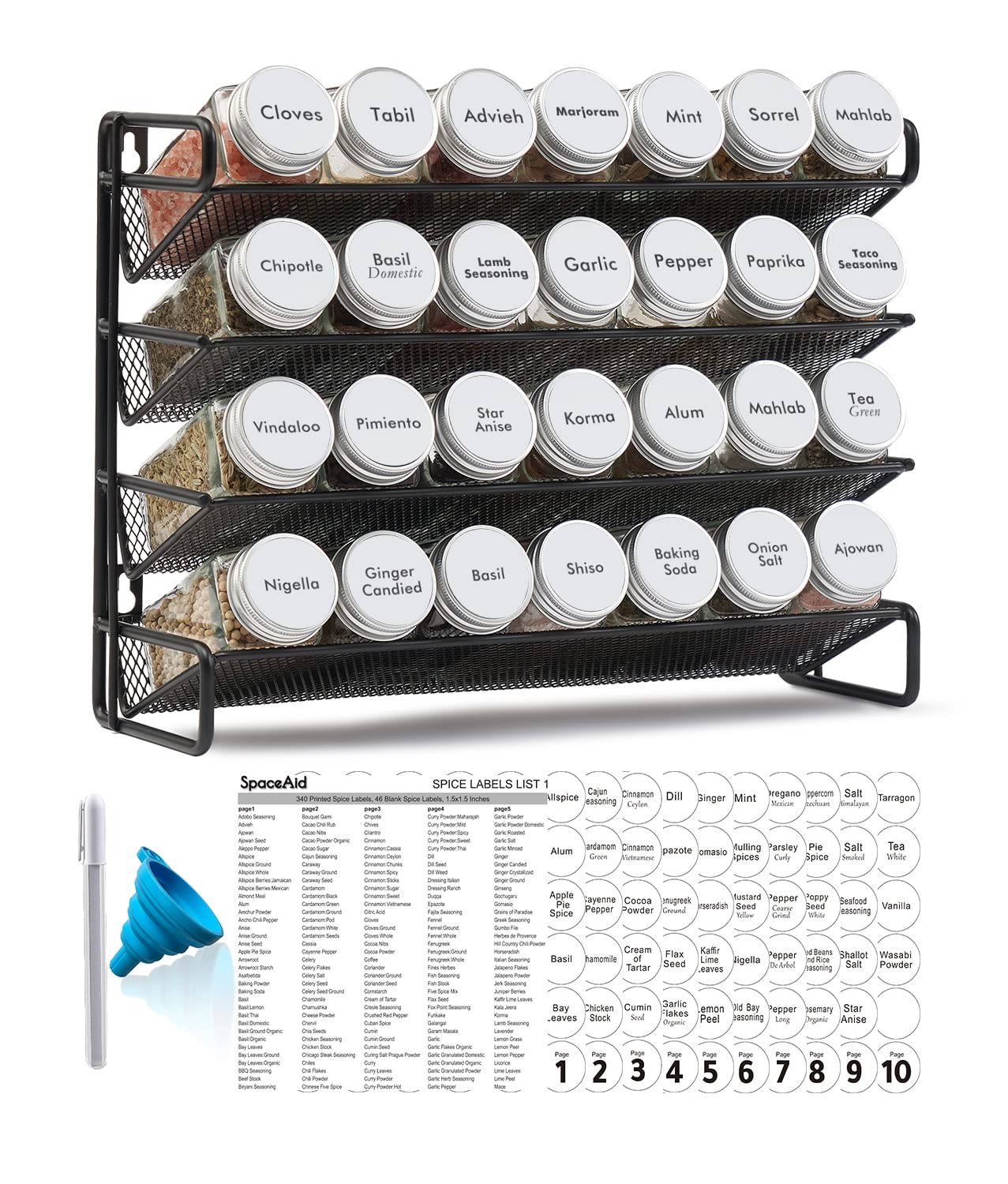 SpaceAid Spice Rack Organizer with 28 Spice Jars, 386 Spice Labels, Chalk Marker and Funnel Set for Cabinet, Countertop, Pantry,