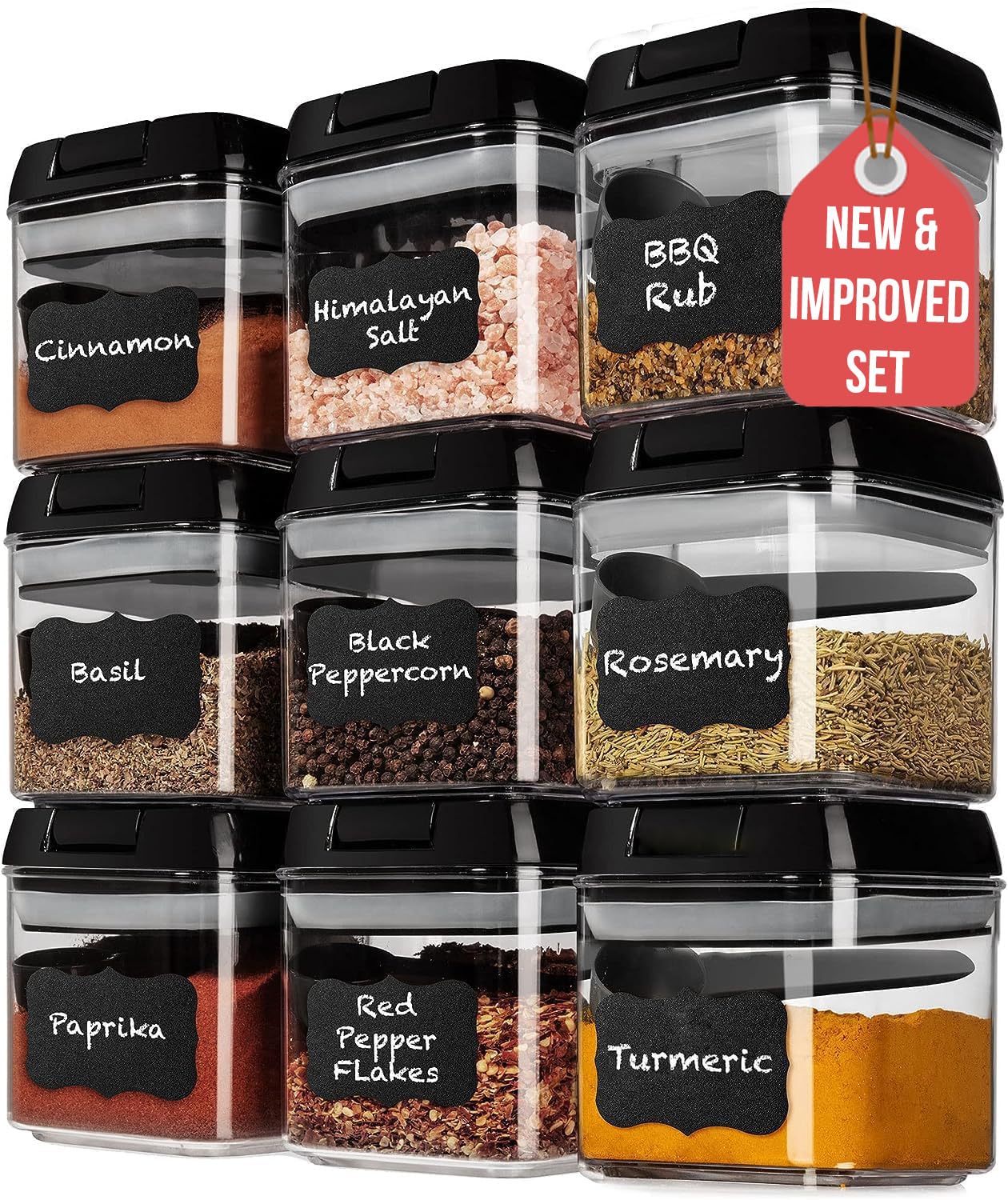 Shazo Airtight 9 Pc Mini Container Set + 9 Spoons, Durable Clear Plastic Food Storage Containers With Lids - Kitchen Cabinet Pan
