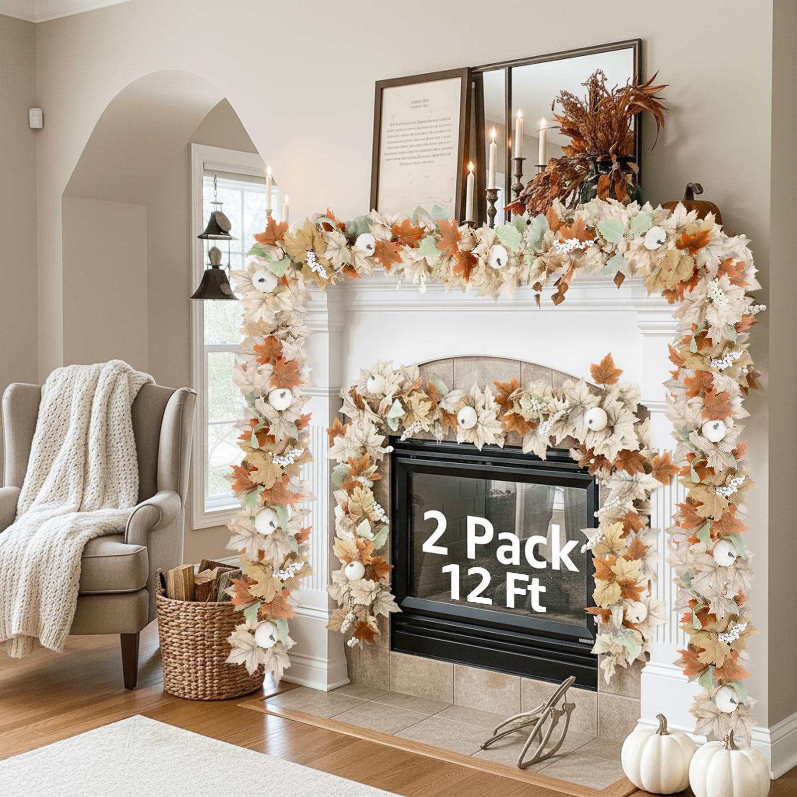 Neutral Fall Garland for Mantle Fireplace - 2 Pack Total 24Ft Outdoor Autumn Leaves Decor for Home Front Door with Pumpkins Indo