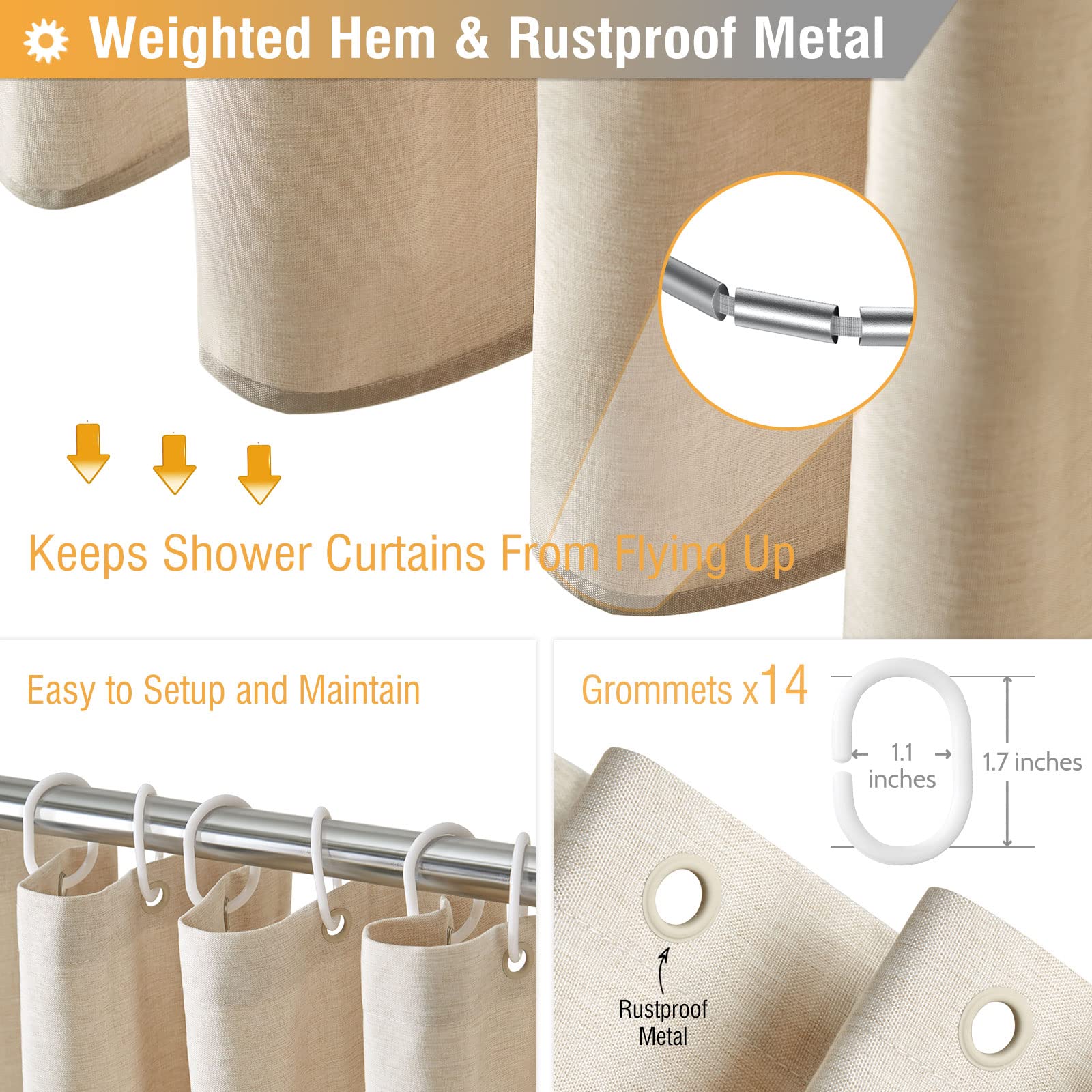Bttn Wide Shower Curtain - W84Xh72 Inch Linen Textured Heavy Duty Fabric Shower Curtain Set With 14 Plastic Hooks, Large Hotel S
