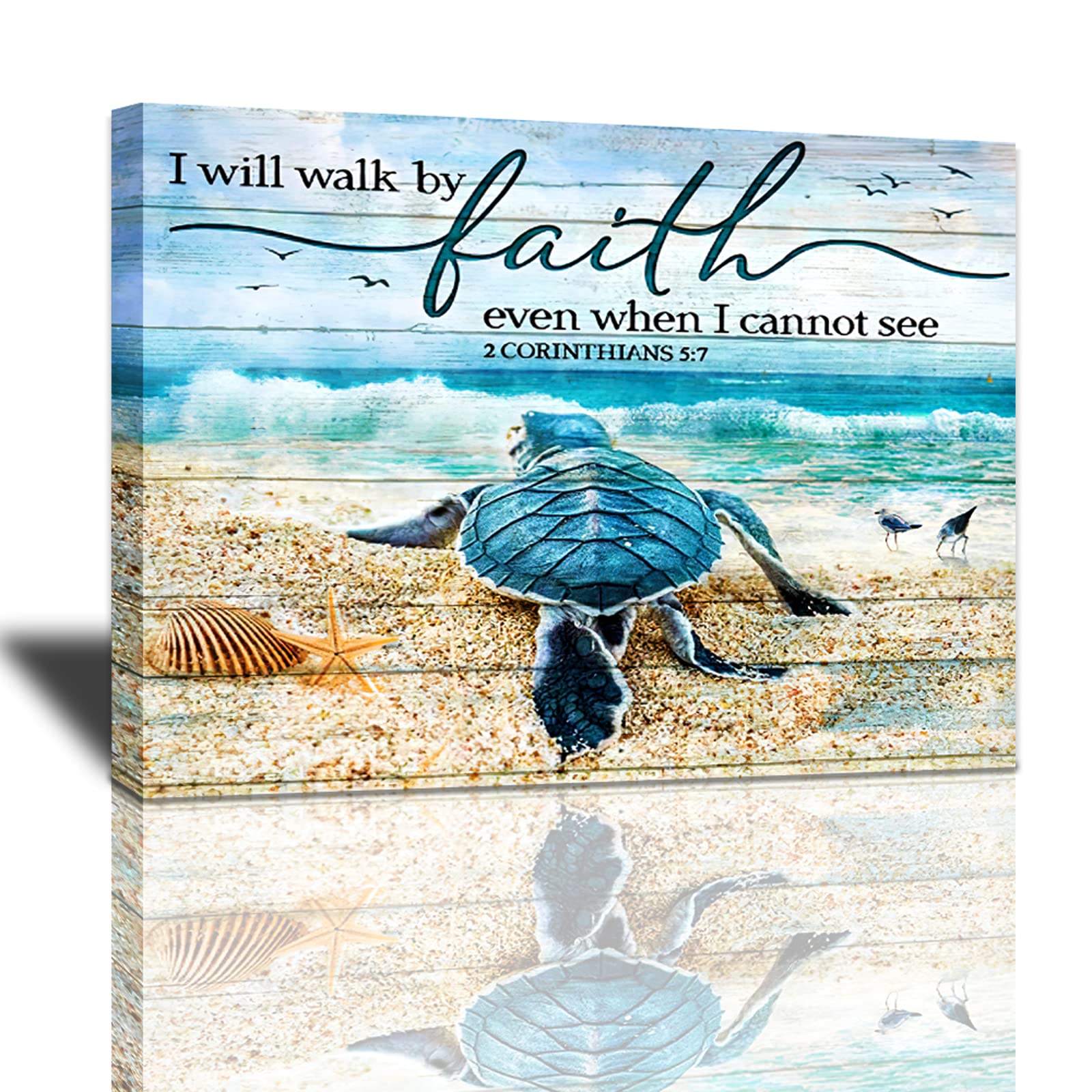 Tourrest Scripture Holy Bible Wall Art Teal Sea Turtle Walk By Faith Canvas Print Quotes Framed Artwork Blue Ocean Beach Coast S