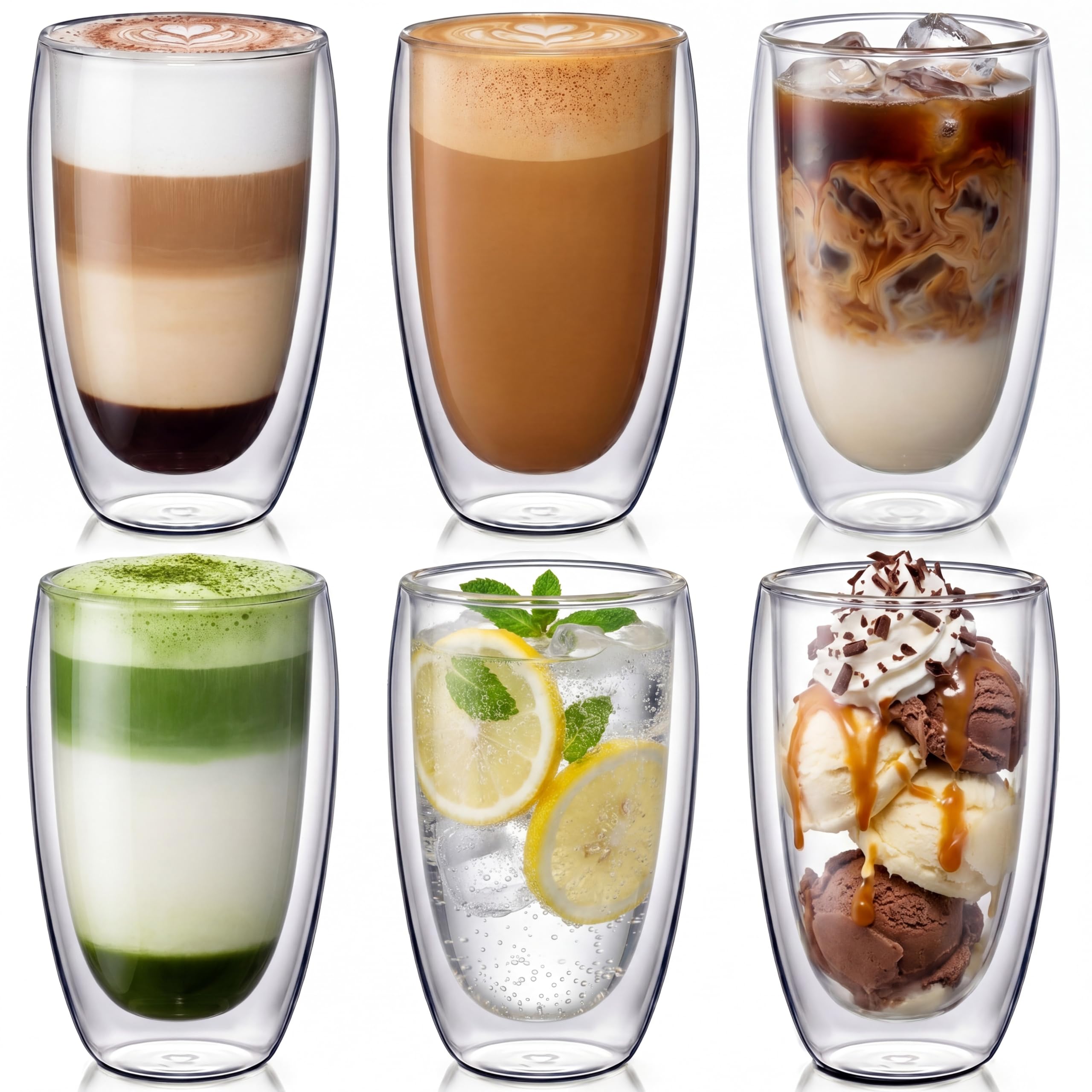 Ferrochef 6 Pack 16oz Double Walled Glass Coffee Mugs, 450ml Large Borosilicate Insulated Clear Glass Cups for Latte Cappuccino 