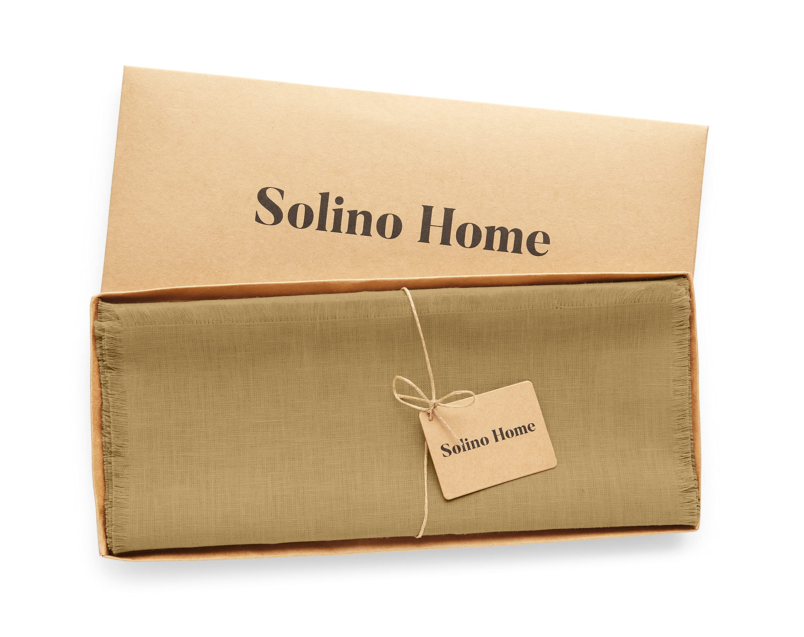 Solino Home Linen Table Runner 14 X 108 Inches - 100% Pure Linen Camel Table Runner For Spring, Summer, Dining, Wedding - Fringe