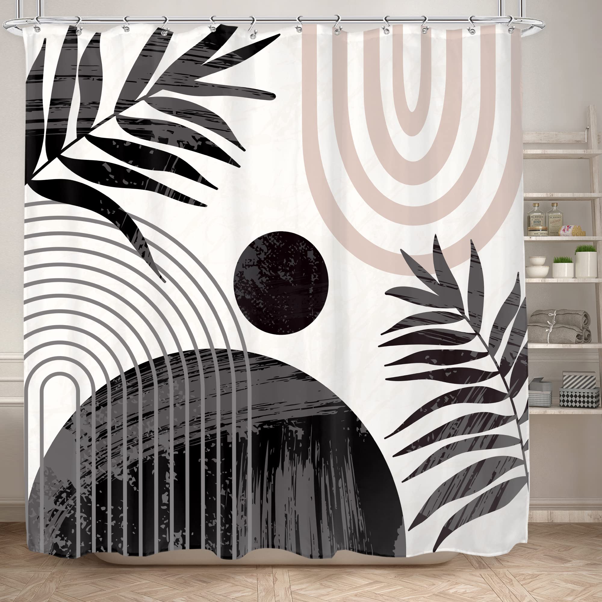Komllex Abstract Boho Mid Century Shower Curtain Modern Minimalist Tropical Plant Leaves Geometric Pink Rainbow Arch Neutral Wat