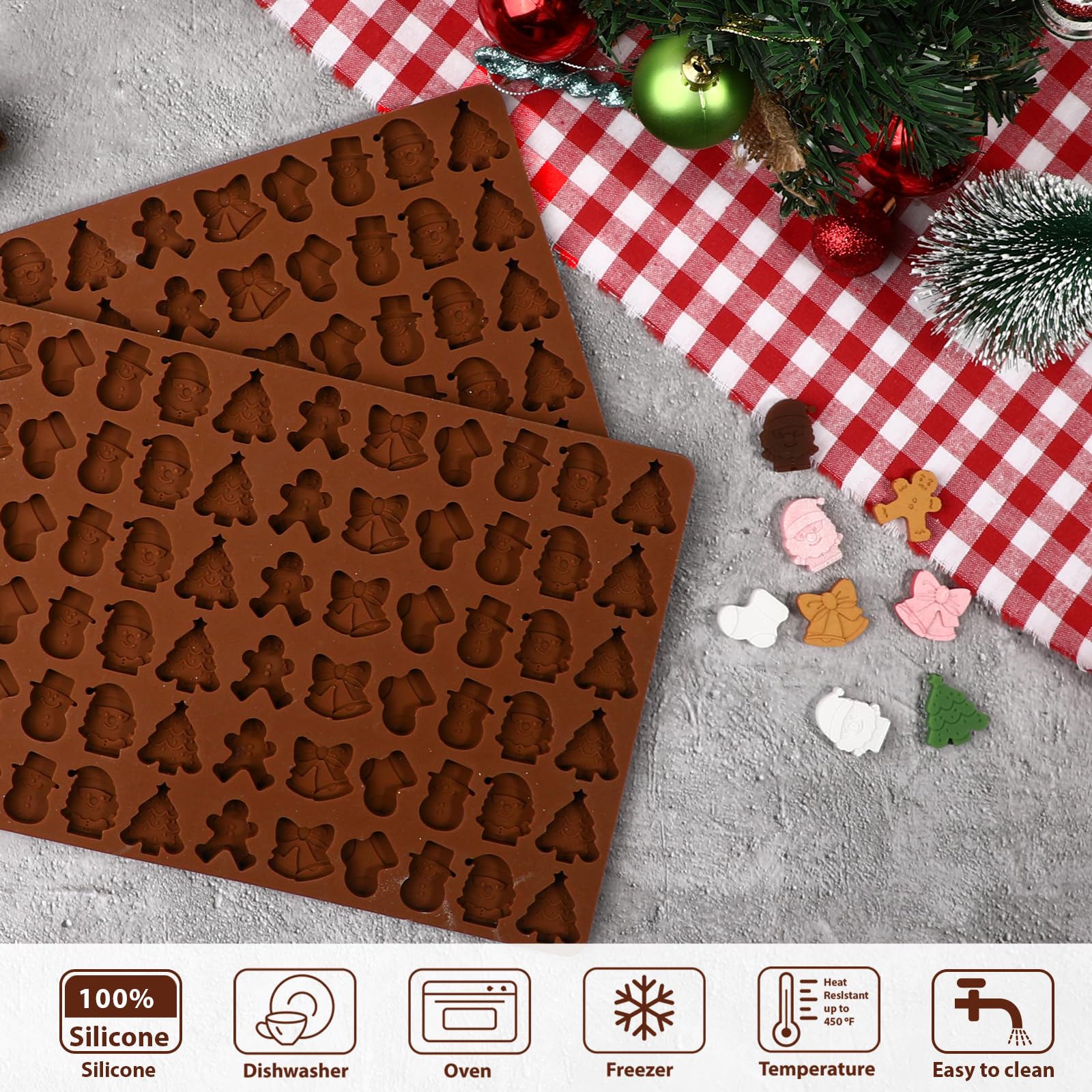 Webake Christmas Silicone Molds, 72-Cavity Mini Christmas Mold Shaped With Christmas Tree, Santa Claus, Gingerbread Man For Choc