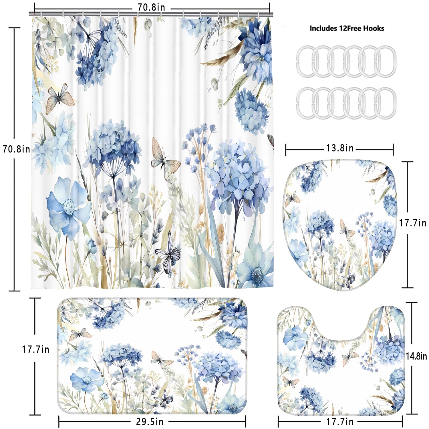 Pretyw 4-Piece Blue Floral Shower Curtain Set Butterfly Flowers Bathroom Set With Shower Curtain And Rugs, Blue White Bath Curta