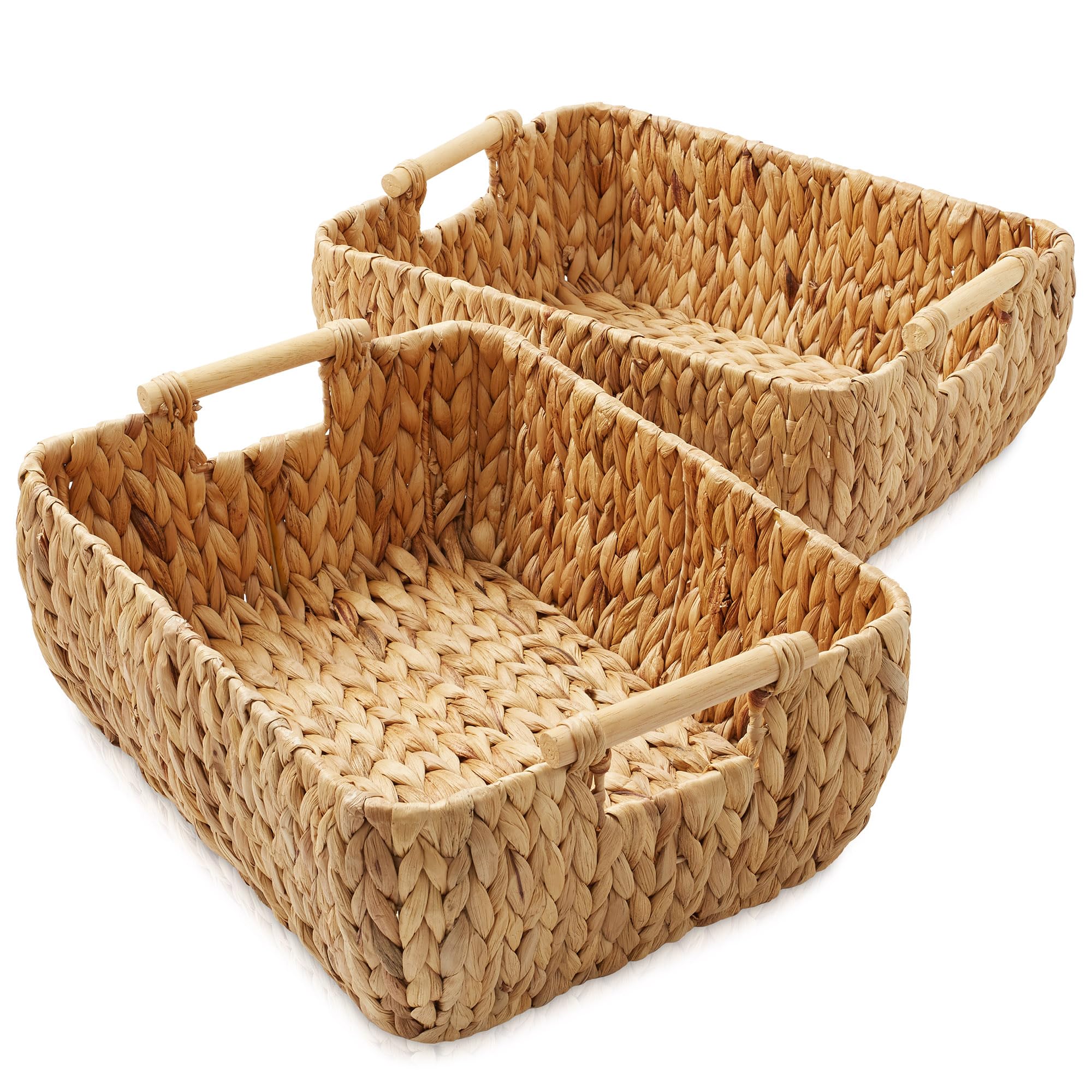Casafield Set Of 2 Water Hyacinth Oval Storage Baskets With Wooden Handles - Large, Woven Bin Organizers
