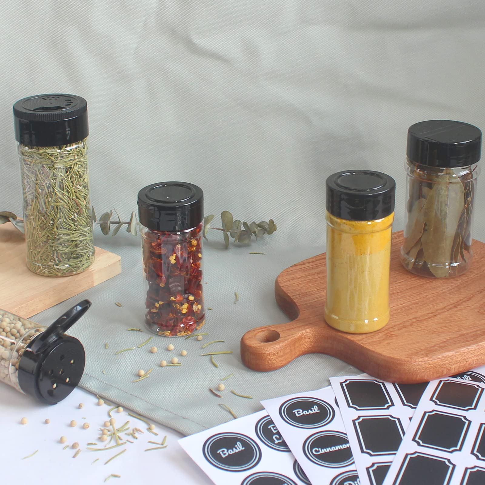 Bpfy 24 Pack 3Oz Clear Plastic Spice Jars With Black Plastic Lids, Round Spice Bottles, Plastic Seasoning Containers With Chalk