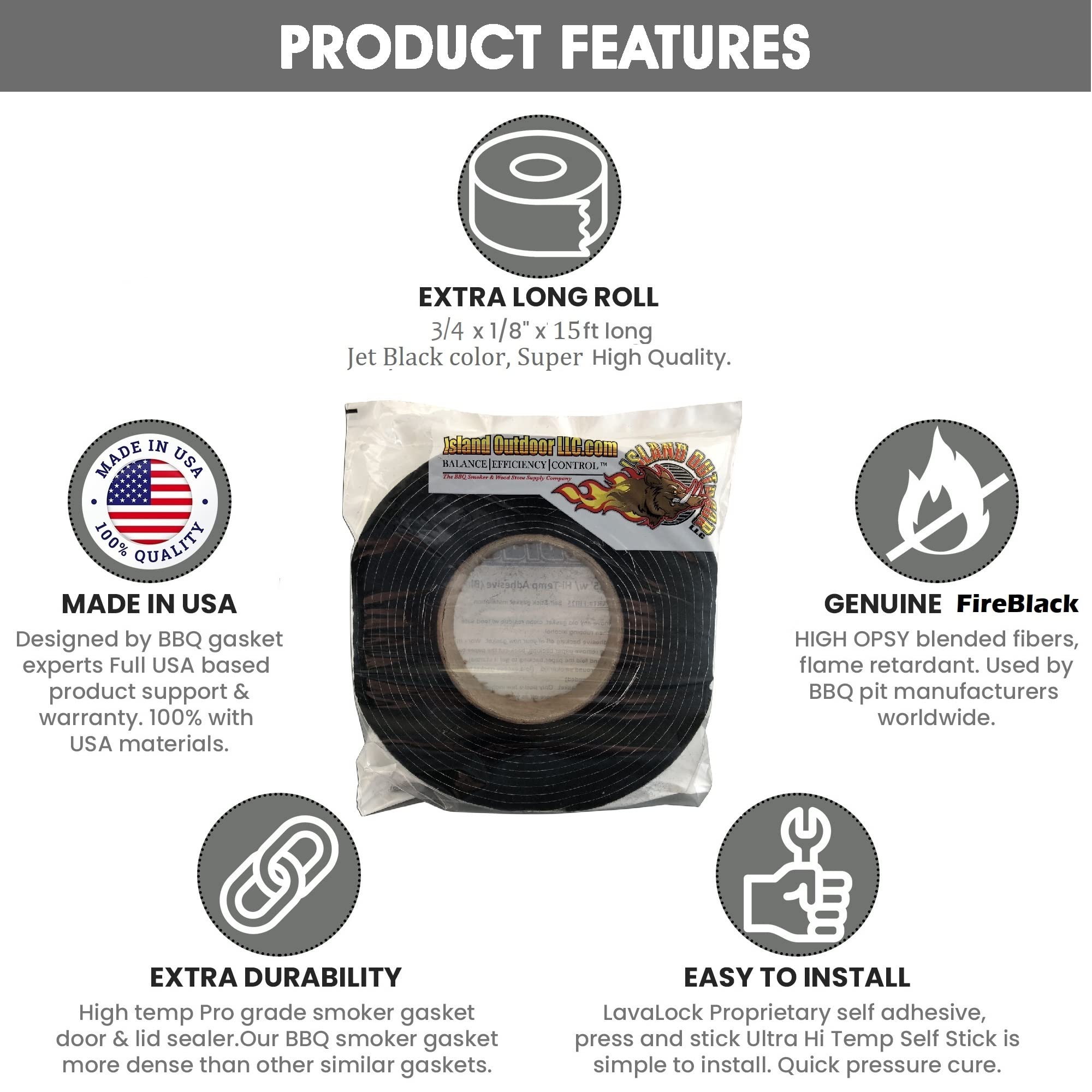 3/4'' x 1/8'' High Temp Barbecue Grill Gasket Smoker Pit Seal  self Stick - Black Color