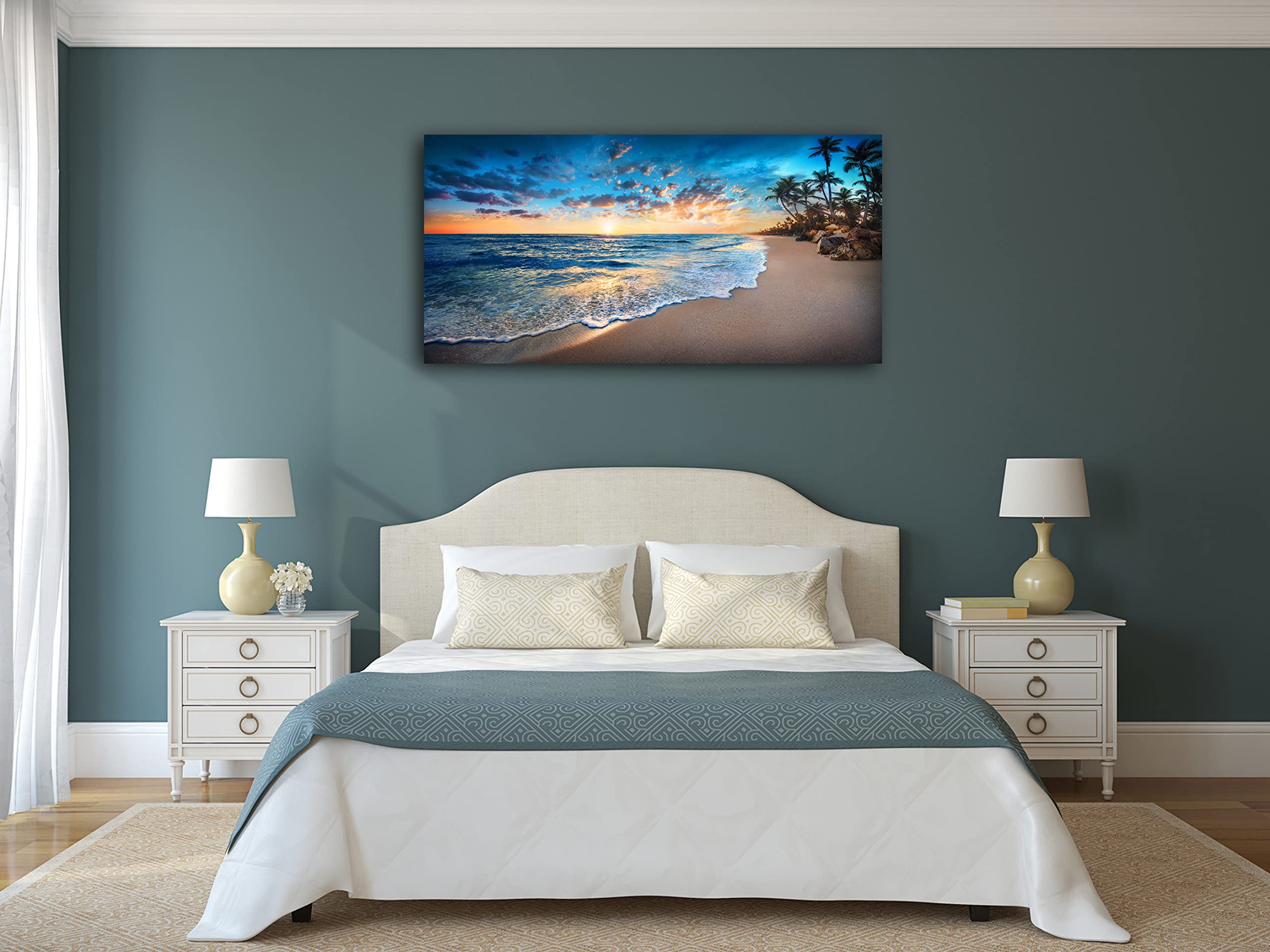 Jiuqinghua Canvas Print Wall Art - Blue Beach Ocean Landscape - 40" x 20" - Framed Wood Decor for Living Room, Bedroom, Office