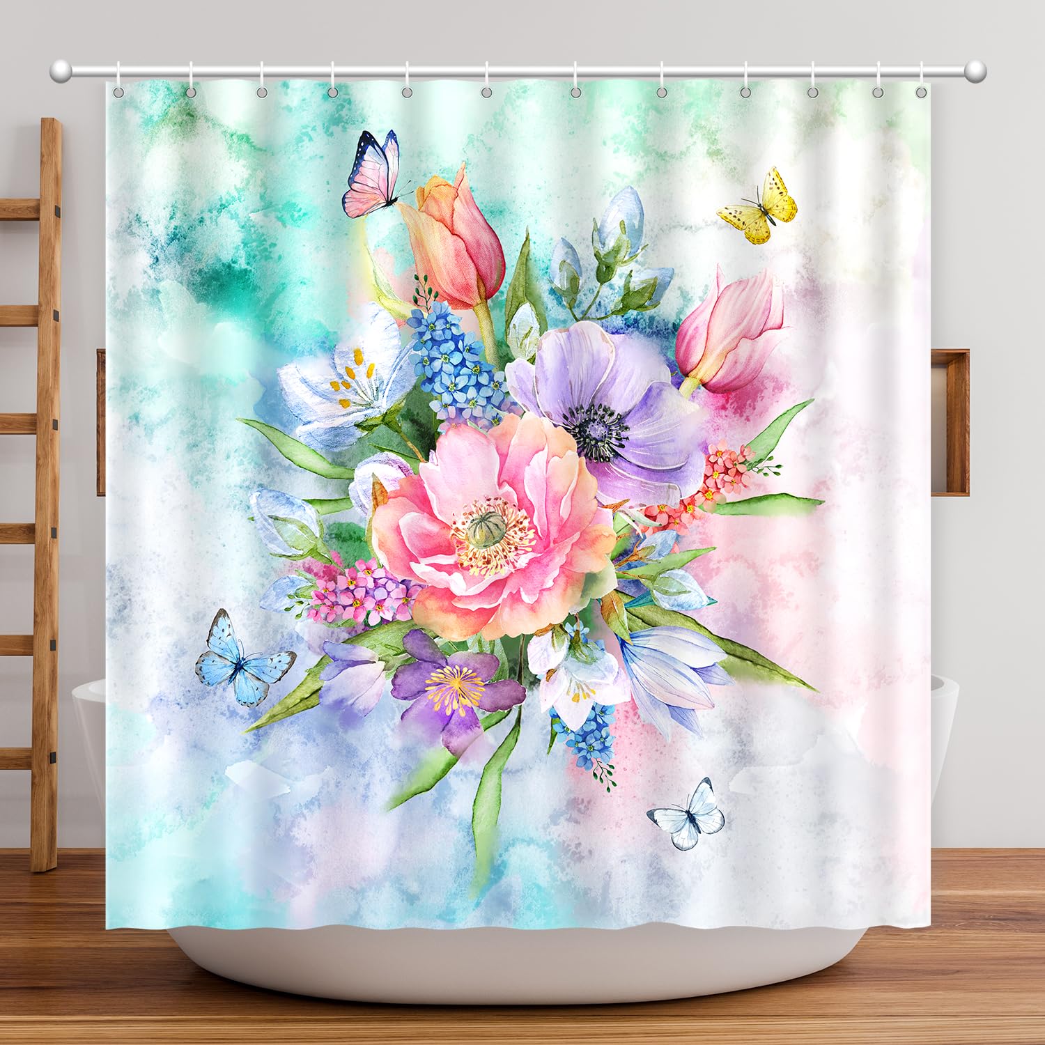 Floral Shower Curtain, Watercolor Flowers Shower Curtain Summer Blooming Flowers Painting Shower Curtain Sets Waterproof Polyest