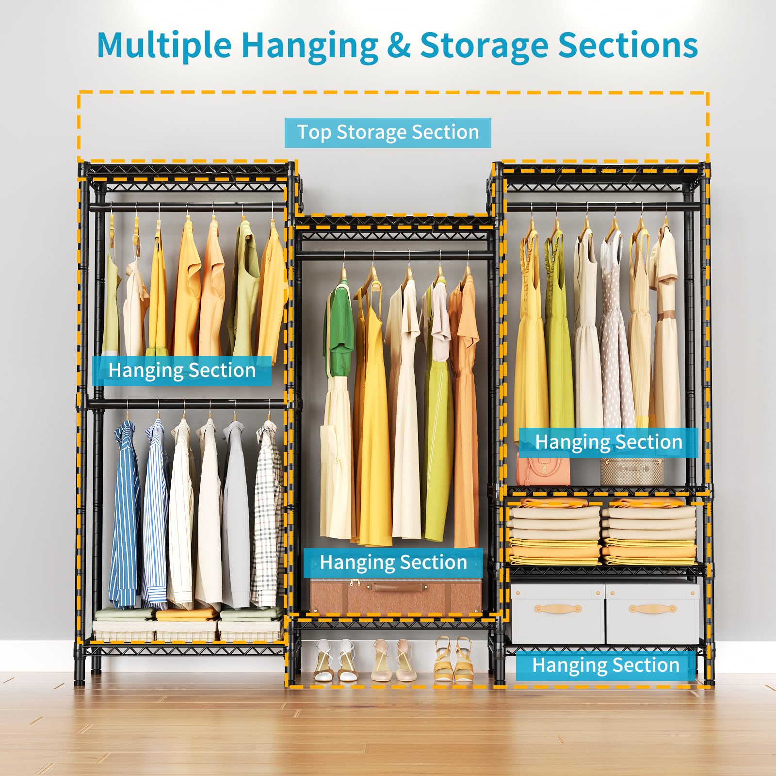 Heavy Duty Garment Rack Large Clothes Rack,Freestanding Closet Portable Clothing Rack With 8 Adjustable Wire Shelves And 4 Hang