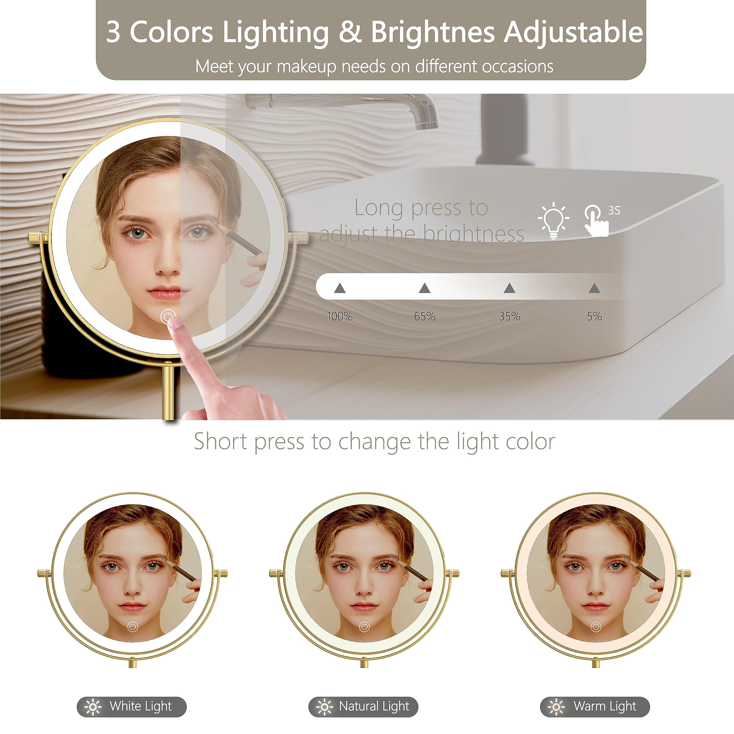 Miroamz 8'' Lighted Makeup Mirror, 1X/10X Magnification Mirror With Lights, Double Sided Dimmable Mirror, Rechargeable & Brightn