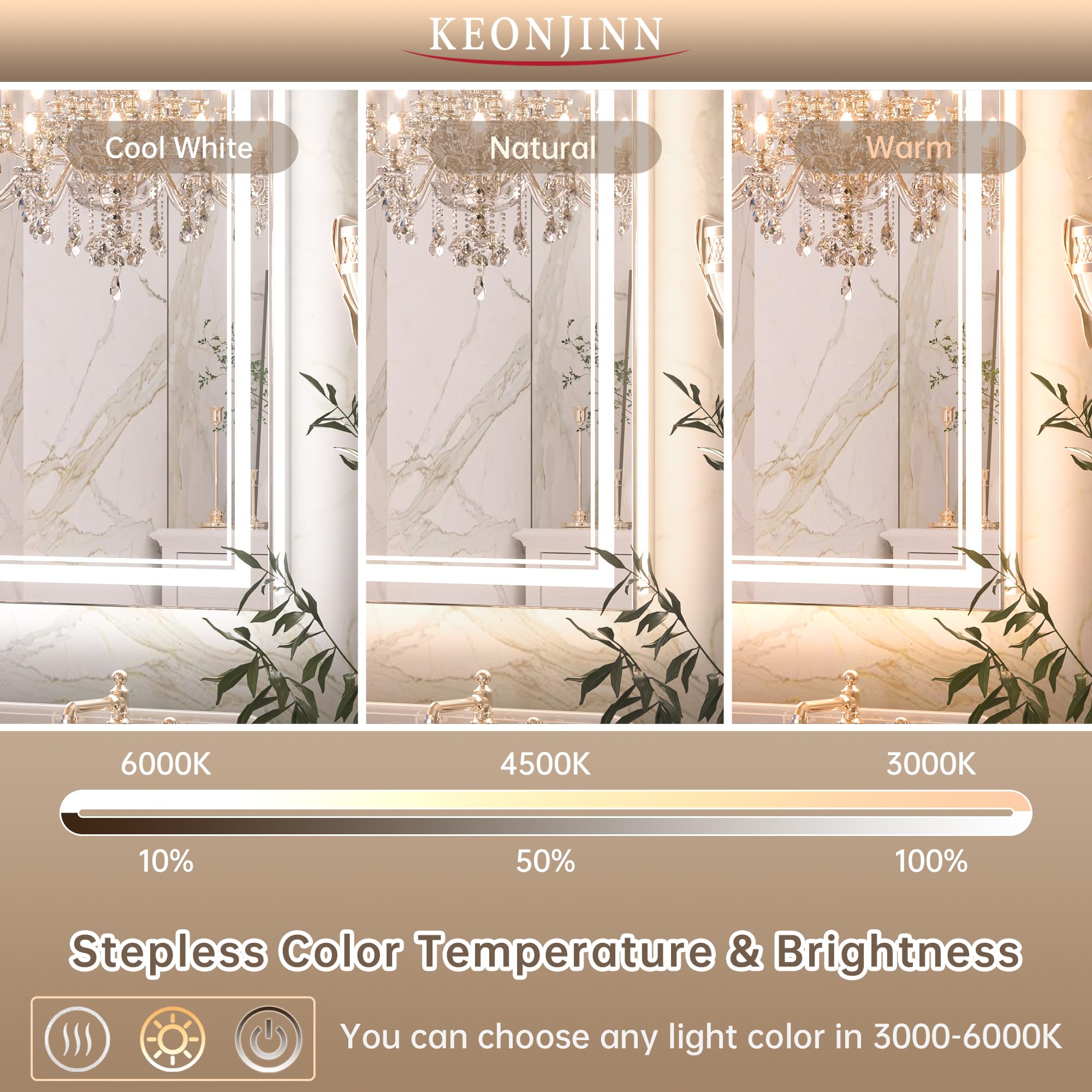 Keonjinn Led Bathroom Mirror 60'' X 40'' With Frontlit And Backlight, Large Stepless 3 Colors Temperature & Dimmable Vanity Mirr