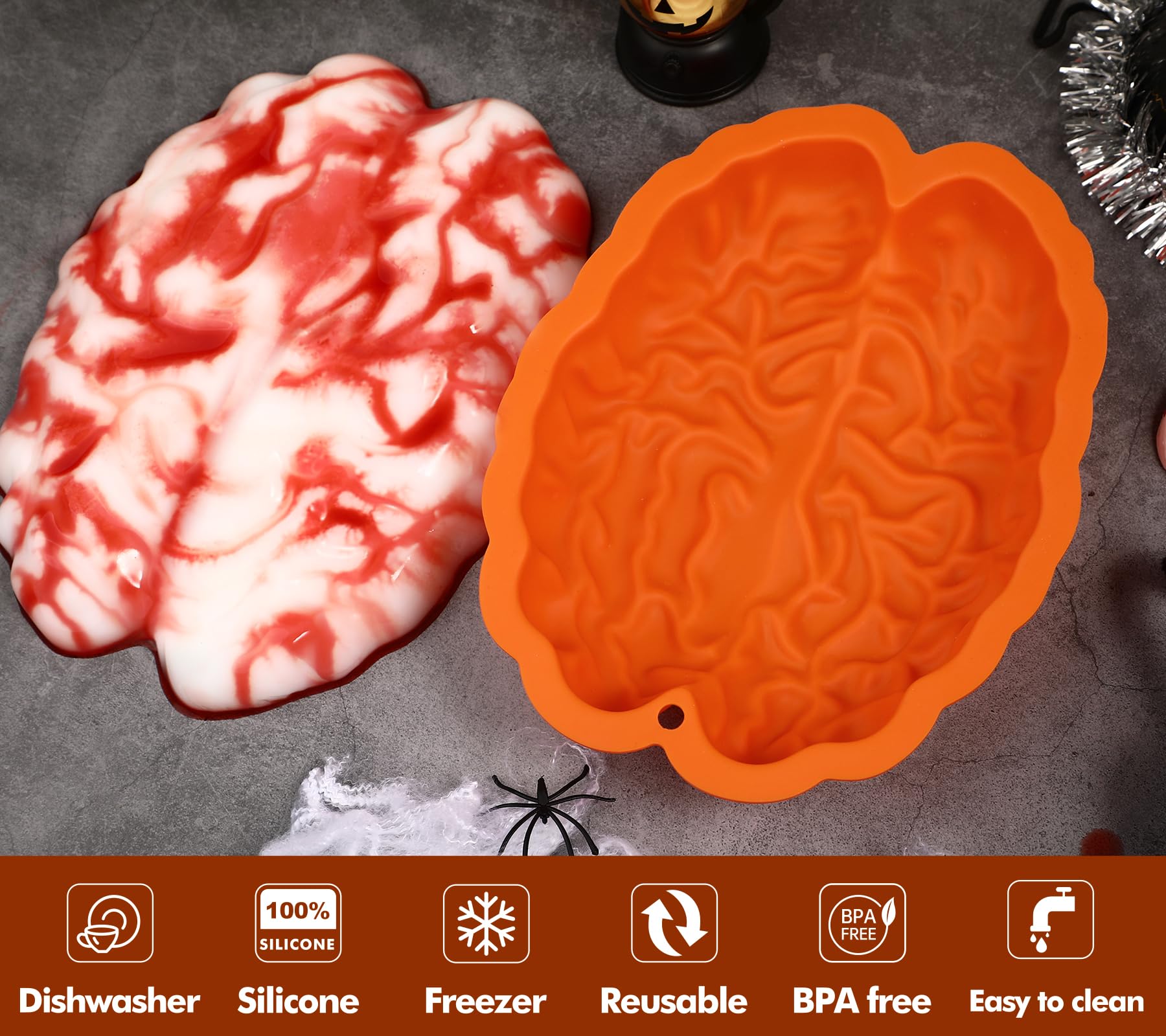 Webake Brain Jello Mold Silicone Brain Gelatin Cake Molds 9 Inch Breakable Brain Chocolate Mold For Halloween Baking